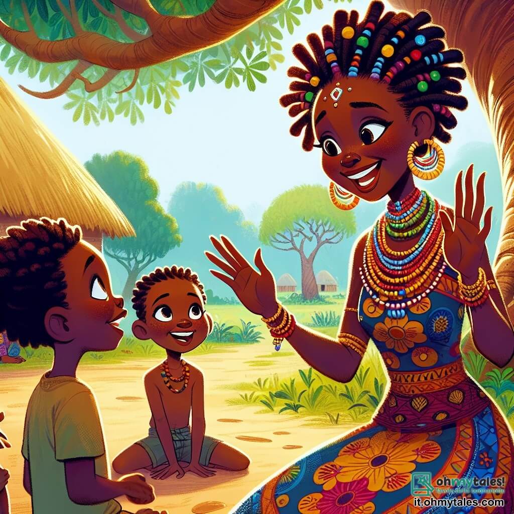 Amina, una donna di circa quarant'anni, si trova sotto un grande baobab maestoso, con un volto che irradia saggezza e benevolenza. Indossa un abito colorato con motivi africani vivaci e perline attorno al collo, sorridendo calorosamente mentre ascolta attentamente le storie degli abitanti del villaggio. Accanto a lei, un ragazzo di circa 10 anni, membro della famiglia Bantu, con capelli ricci e occhi brillanti, gesticola con entusiasmo parlando dell'importanza dell'acqua per la sua famiglia. Porta un pantaloncino leggero e una maglietta semplice, in piedi con le mani alzate come se volesse convincere tutti. Un po' più in là, una ragazza di circa 8 anni, membro della famiglia Zuri, con lunghe trecce decorate con perline colorate, ascolta con attenzione, seduta sull'erba con le gambe incrociate, guardando Amina con ammirazione. Il luogo è una radura soleggiata, circondata da vegetazione lussureggiante e fiori brillanti, con raggi di sole che filtrano attraverso le foglie del baobab, creando un'atmosfera calda e accogliente. La scena principale mostra Amina che, con un sorriso rassicurante, incoraggia le due famiglie a condividere le loro storie e a trovare insieme una soluzione per l'accesso all'acqua, illustrando così l'armonia e l'unità all'interno del villaggio.