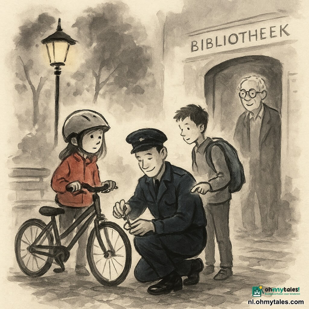 Agent Bram lacht en kijkt rustig terwijl hij gehurkt bij de ingang van een kleine bibliotheek in de schemer een kapot fietslampje repareert, zijn donkerblauwe politiejas aan en pet naast zich; een meisje van ongeveer 9 jaar met een te grote helm en rode jas staat links met haar fiets, een jongen van circa 10 jaar met lichtblauwe rugzak staat rechts en wijst naar het defect, en een oudere bibliothecaris met grijs haar en ronde bril staat in de deuropening met een lichte glimlach; natte kasseien, een warm geel straatlamplicht, een houten bank en donkere boomschetsen op de achtergrond creëren een veilige, vriendelijke en rustige sfeer.