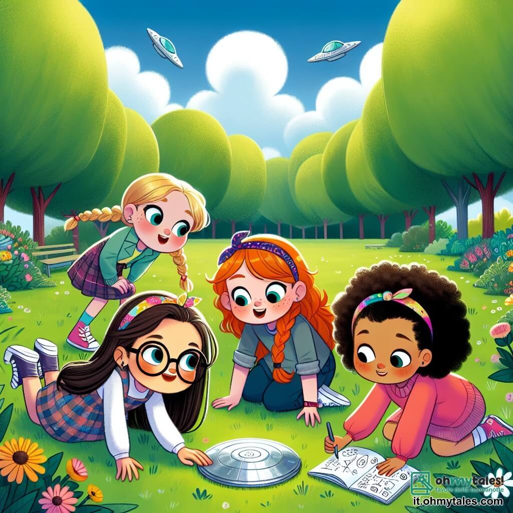 Al centro dell'immagine, quattro ragazze sono riunite attorno a un piccolo disco metallico scintillante trovato in un parco verde. **Mia**, 10 anni con lunghi capelli castani e occhiali rotondi, è accovacciata, toccando delicatamente il disco. **Lila**, 9 anni con capelli biondi in trecce e un sorriso radioso, sta in piedi accanto a Mia, indicando il disco con entusiasmo. **Sara**, 10 anni con capelli rossi e lentiggini, è seduta sull'erba con le gambe incrociate, disegnando simboli su un quaderno. **Nina**, 9 anni con capelli neri ricci e una fascia colorata, è in piedi dietro Sara, con le braccia incrociate, guardando il disco con aria intrigata. Il parco è pieno di alberi alti con foglie verdi, fiori colorati e un cielo blu con nuvole bianche. Le ragazze scoprono il misterioso disco, immaginando avventure intergalattiche, con i volti illuminati dall'eccitazione e dalla curiosità.