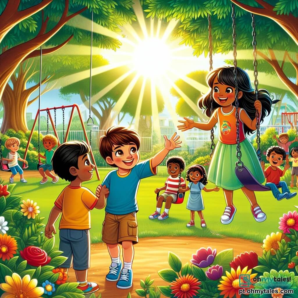Um garoto de 12 anos, Pedro, está no centro da imagem, com cabelos castanhos e olhos brilhantes de determinação. Ele usa uma camiseta colorida e um short, exibindo uma expressão de coragem e confiança, enquanto estende a mão para outra criança. À sua direita, uma menina de 12 anos, Sofia, com cabelos longos e negros, sorri calorosamente, vestida com um vestido leve, pronta para apoiar Pedro em seu gesto amigável. Ao fundo, um garoto de 11 anos, Samir, com pele escura e cabelos crespos, observa com surpresa e gratidão, em pé perto de uma árvore, onde outras crianças brincam. A cena acontece em um parque ensolarado, com balanços e um tobogã colorido, cercado por vegetação luxuriante e flores vibrantes. Os raios de sol filtram-se através das folhas, criando uma atmosfera alegre e acolhedora. A situação principal mostra Pedro e Sofia convidando Samir a se juntar ao seu jogo, ilustrando um momento de solidariedade e inclusão, enquanto quebram as barreiras da exclusão e celebram a amizade.