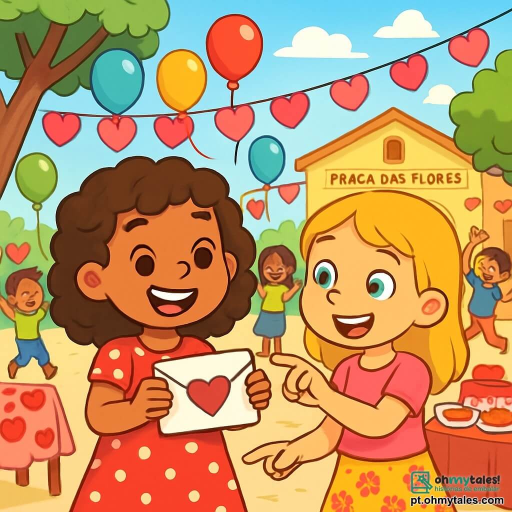 Há 2 personagens principais: Sofia, uma menina de 8 anos, com cabelos cacheados e castanhos, vestindo um vestido vermelho com bolinhas brancas, segurando uma carta em forma de coração e sorrindo; e Ana, também de 8 anos, com cabelos lisos e loiros, usando uma camiseta rosa e uma saia florida, apontando para a carta de Sofia com um olhar curioso e divertido. A cena acontece na praça da Vila das Flores, decorada para o Dia dos Namorados, com balões coloridos no ar, guirlandas de corações de papel penduradas nas árvores e mesas cheias de deliciosas guloseimas em forma de coração. A atmosfera é alegre e festiva, com pessoas dançando e rindo ao redor. Sofia e Ana estão no centro da praça, descobrindo uma carta misteriosa, cercadas por decorações coloridas e amigos se divertindo ao fundo sob um suave sol de inverno.