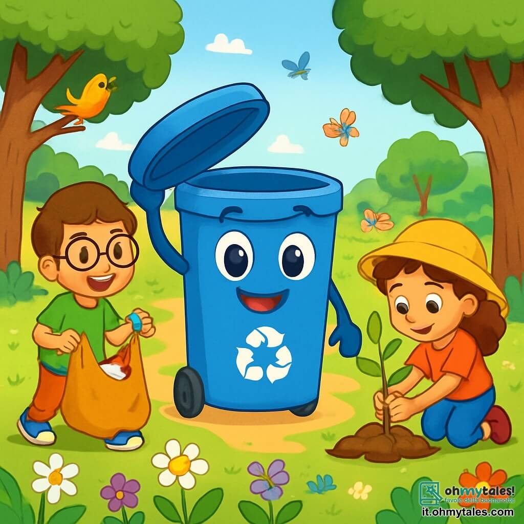 Un piccolo bidone per il riciclaggio sorridente, con grandi occhi scintillanti e un coperchio blu, si trova al centro di un parco verdeggiante, circondato da fiori colorati e alberi maestosi. È gioioso ed entusiasta, sollevando un coperchio come un cappello per salutare i bambini. Alla sua destra, una bambina dai capelli ricci, con un bel cappello giallo, sta piantando un giovane albero, con il viso che sprizza orgoglio e determinazione. Alla sua sinistra, un ragazzo con occhiali tondi, vestito con una maglietta verde, raccoglie rifiuti con un grande sorriso, mostrando il suo impegno per l'ambiente. Il parco è pieno di verde, con uccelli che cantano sugli alberi e farfalle colorate che svolazzano intorno ai fiori. In lontananza, famiglie si godono un picnic sull'erba, creando un'atmosfera gioiosa e conviviale. La scena principale mostra il bidone per il riciclaggio e i bambini che lavorano insieme per pulire il parco, illustrando l'importanza dell'ecologia e del lavoro di squadra per proteggere la natura.