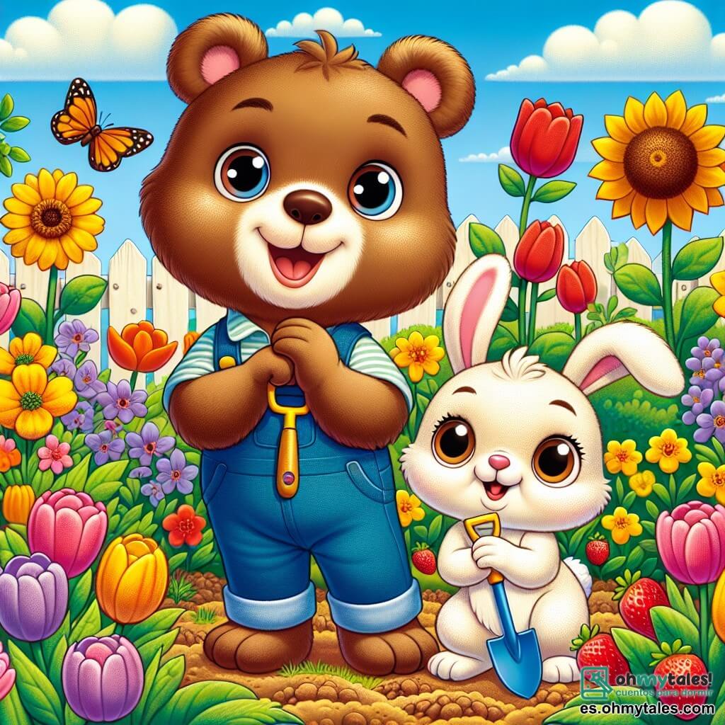 Bruno, un joven oso pardo de grandes ojos brillantes y pelaje suave, está de pie en medio de un jardín colorido, con una amplia sonrisa en su rostro, maravillado por la belleza de las flores que lo rodean. A su lado, Flora, una pequeña coneja de grandes orejas y pelaje crema, saltando alegremente, sostiene una pequeña pala y mira a Bruno con entusiasmo, compartiendo su pasión por la jardinería. El jardín está lleno de tulipanes brillantes, girasoles dorados y fresas rojas, bajo un cielo azul claro salpicado de nubes blancas esponjosas. La escena representa a Bruno y Flora plantando semillas juntos, simbolizando la amistad y el comienzo de una nueva aventura primaveral.