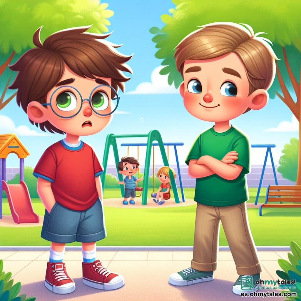 Hay dos personajes principales: Marco, un niño de 8 años con cabello castaño desordenado y gafas redondas, que lleva una camiseta roja y un pantalón corto azul. Se encuentra a la izquierda, luciendo un poco nervioso, con las manos en los bolsillos. Julián, un niño de 8 años con cabello rubio y liso, vestido con una camiseta verde y un pantalón beige, está a la derecha de Marco, con una sonrisa amigable y los brazos cruzados, listo para escuchar a su amigo. La escena tiene lugar en un patio escolar soleado, rodeado de grandes árboles con hojas verdes y una pared colorida con dibujos de niños. Al fondo, se puede ver un tobogán y columpios, añadiendo una atmósfera alegre al lugar. La situación principal muestra a Marco confesando a Julián que ha mentido sobre un juguete imaginario. Marco parece preocupado, mientras que Julián, con una mirada comprensiva, le sonríe para mostrarle que la amistad es más importante que las mentiras.