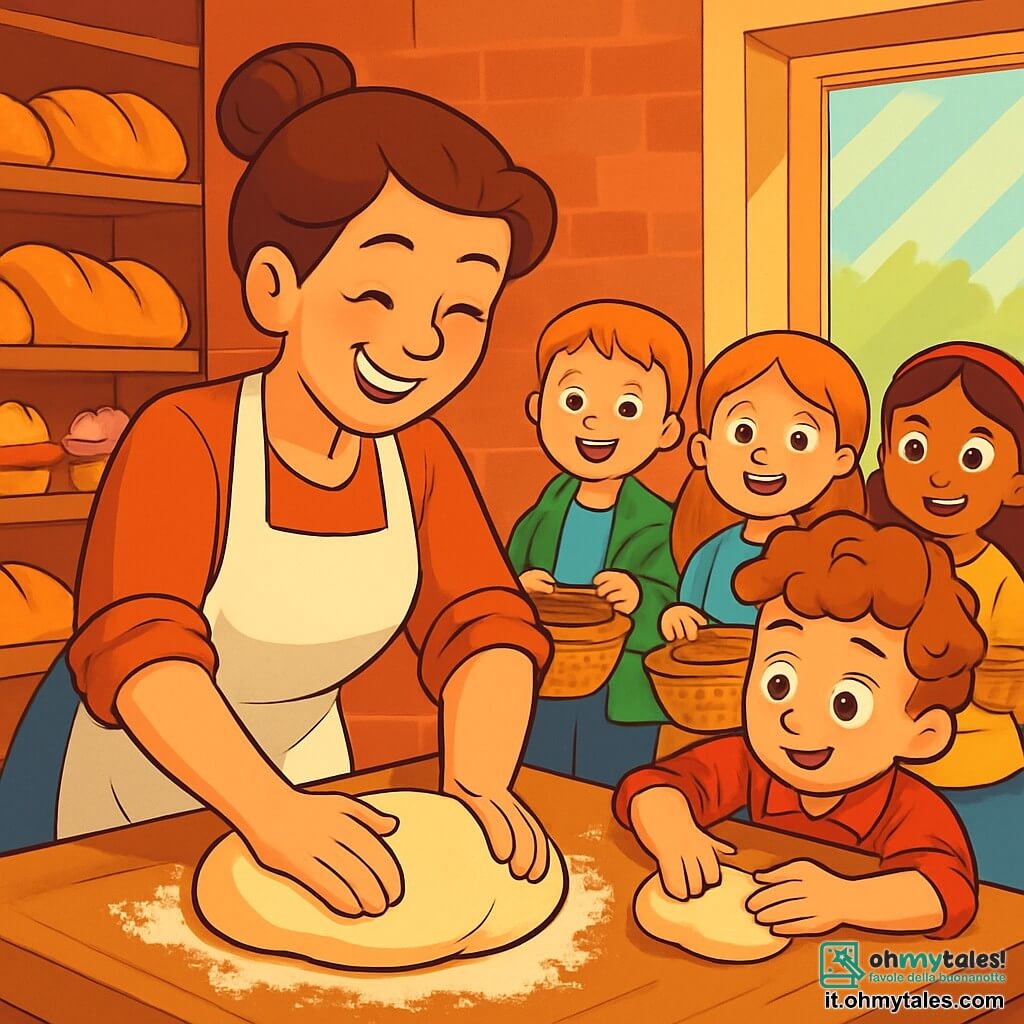 Una donna panettiera, Lucia, sorridente e calorosa, con i capelli castani raccolti in uno chignon, indossa un grembiule bianco e ha le maniche arrotolate. Sta impastando un impasto per pane su un grande piano di lavoro in legno, con le mani coperte di farina e il viso che esprime gioia e concentrazione. Accanto a lei, un ragazzo di circa 8 anni, curioso ed entusiasta, con i capelli ricci e una camicia a quadri, osserva attentamente e cerca di riprodurre i suoi gesti. Un gruppo di tre bambini, due ragazze e un ragazzo, di età compresa tra 7 e 9 anni, si trova sullo sfondo, meravigliato, con occhi rotondi e sorrisi luminosi, mentre tiene piccoli cestini di vimini. La scena si svolge in una panetteria accogliente, con muri in mattoni rossi e scaffali in legno pieni di pani dorati e pasticcini colorati. I raggi di sole filtrano attraverso la vetrina, illuminando la stanza con una luce dolce e accogliente. Lucia mostra ai bambini come impastare la pasta, mentre l'odore del pane caldo riempie l'aria, creando un'atmosfera gioiosa e conviviale.