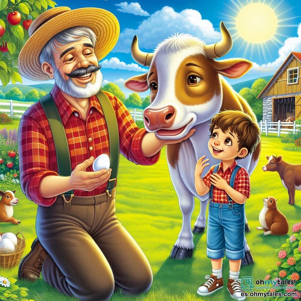 Don Julián, un hombre de mediana edad con una amplia sonrisa y un sombrero de paja, se encuentra en medio de su granja, rodeado de sus animales. Lleva una camisa a cuadros rojos y pantalones de tela, acariciando a una vaca dulce y cariñosa que está a su lado, mostrando una expresión de felicidad. Nico, un niño de unos 8 años con el pelo castaño despeinado y ojos brillantes de curiosidad, está justo al lado de Don Julián. Mira con asombro a la vaca, sosteniendo un huevo fresco en sus manos, con gran alegría en su rostro. La escena transcurre en un campo verde, bañado por la luz dorada del sol poniente, con árboles frutales en flor y un cielo azul salpicado de nubes blancas. Al fondo, se ve el granero y un jardín colorido lleno de verduras y flores. La situación principal muestra a Don Julián y Nico compartiendo un momento de complicidad y aprendizaje, mientras descubren juntos la belleza de la vida en la granja, rodeados de animales felices y una naturaleza deslumbrante.