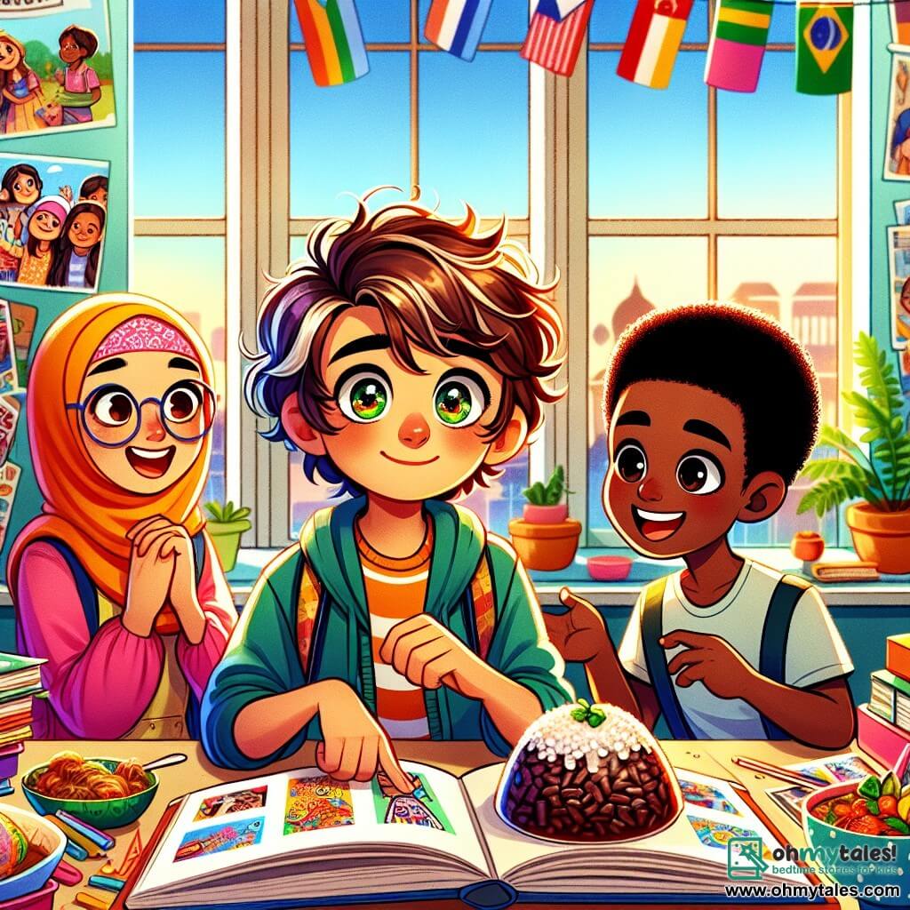 A 12-year-old boy, Liam, with wavy brown hair and sparkling eyes, curiously looks at an open book on a table. He has a hesitant smile but also a glimmer of excitement in his eyes. Next to him, Aisha, a 12-year-old girl wearing a colorful hijab, flips through a photo album filled with drawings. She has a joyful and encouraging expression. Mateo, a 12-year-old boy with black hair and tanned skin, sits across from them, holding a plate of feijoada, with a big smile on his face. The scene takes place in a bright classroom decorated with colorful posters about diversity and flags from around the world. Sunlight streams through the windows, illuminating the children's faces. Liam, Aisha, and Mateo enthusiastically discuss their respective cultures, sharing stories and typical dishes, creating a moment of discovery and friendship.