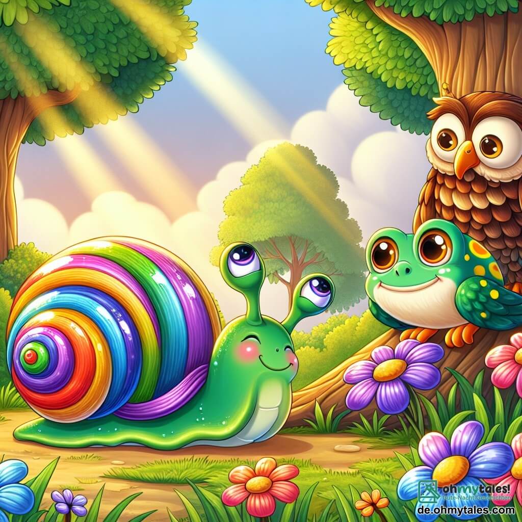 Ein kleiner Schnecke mit schimmernden Farben und einem wunderschönen, bunten Panache auf ihrem glitzernden Gehäuse steht unter einem großen Baum, ihre Augen glänzen vor Traurigkeit. Sie schaut auf den Boden, ihr kleines Mäulchen leicht nach oben gezogen, als ob sie bedauert, gelogen zu haben. In der Nähe beobachtet eine weise Eule mit sanften, braunen Federn, die auf einem Ast sitzt, die Schnecke wohlwollend. Ihr Blick ist tröstlich, ihre großen runden Augen drücken Verständnis aus, und sie scheint bereit zu sein, Ratschläge zu geben. Eine fröhliche grüne Frosch mit gelben Flecken hüpft fröhlich über das Gras, ein strahlendes Lächeln auf ihrem Gesicht. Sie lacht und ignoriert die Traurigkeit der Schnecke, und befindet sich etwas weiter weg, bereit zum Spielen. Der Ort ist eine sonnige Lichtung, umgeben von bunten Blumen und großen Bäumen mit üppigem Laub. Sonnenstrahlen dringen durch das Blätterdach und erhellen die Szene mit sanftem goldenem Licht. Die Hauptsituation zeigt die Schnecke, die durch ihre Lüge belastet ist und erkennt, dass sie sich der Wahrheit stellen muss, während ihre Freunde, obwohl fröhlich, da sind, um sie in diesem schwierigen Moment zu unterstützen.