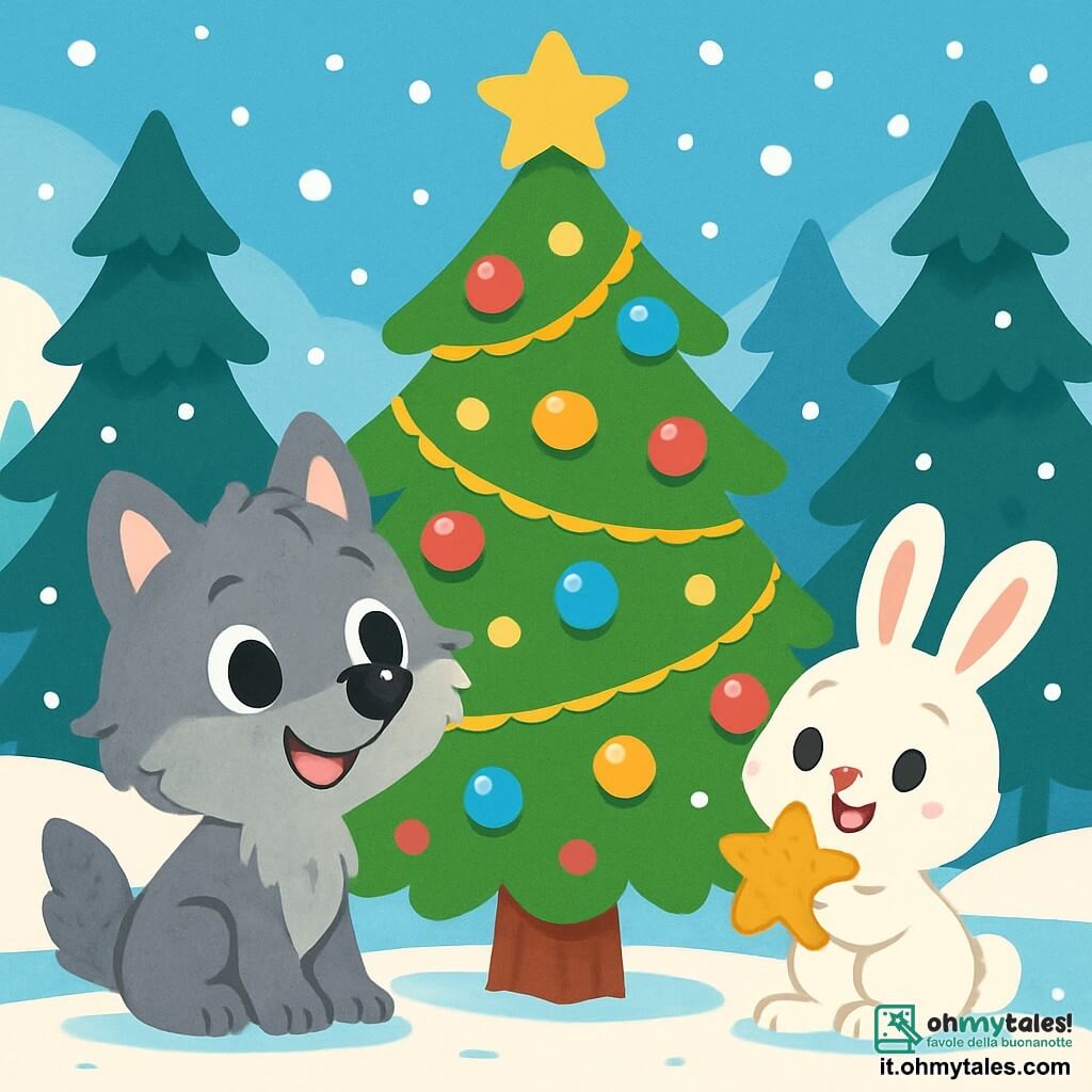 Un piccolo lupo dai peli grigi e morbidi, con grandi occhi brillanti e un sorriso gioioso, si trova davanti a un magnifico albero di Natale decorato con luci scintillanti e palline colorate. Osserva l'albero con meraviglia e curiosità. Accanto a lui, un piccolo coniglio dal pelo bianco e setoso, con grandi orecchie e occhi brillanti, tiene un biscotto a forma di stella, mostrando un sorriso soddisfatto. La scena si svolge in una foresta incantata, coperta da uno spesso strato di neve bianca, mentre i fiocchi cadono delicatamente dal cielo azzurro. I maestosi abeti circondano l'albero di Natale, creando un'atmosfera magica e festosa. Il piccolo lupo e il coniglio scoprono insieme le sorprese di Natale, condividendo risate e dolcetti sotto l'albero illuminato, pieni di gioia ed eccitazione.