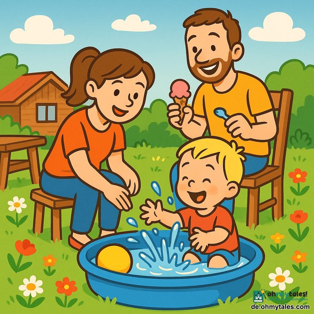 Ein fröhlicher 2-jähriger Junge mit kurzen blonden Haaren und heller Haut planscht in einem kleinen blauen Plastikplanschbecken, ein gelber Ball schwimmt daneben; die lächelnde Mutter (ca. 30) mit kastanienbraunem Pferdeschwanz sitzt auf einem Holzstuhl neben dem Becken und reicht die Hand zur Beruhigung, der lachende Vater (ca. 32) mit leichtem Bart steht hinter dem Stuhl, hält einen Löffel und ein rosa Eishörnchen und schaut den Jungen an; im Garten der Sommerhütte gemähter grüner Rasen, bunte Wildblumen (Gänseblümchen, Mohn), ein Holz­tisch und heller blauer Himmel mit wenigen weißen Wolken; die Szene zeigt glänzende Spritzer, einen kleinen Wasserstrahl, funkelnde Tropfen und eine warme, geborgene Familienatmosphäre.