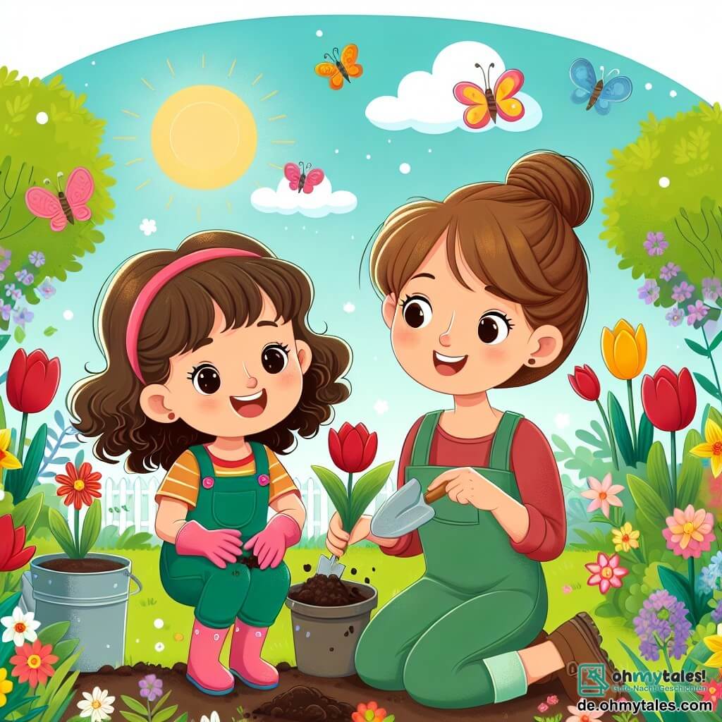 Ein 10-jähriges Mädchen, Mia, mit braunen, lockigen Haaren, lächelnd und voller Energie, hockt in einem bunten Garten und pflanzt Blumen. Sie trägt eine grüne Latzhose und rosa Gartenhandschuhe, und ihr Gesicht strahlt Freude und Aufregung aus. Neben ihr beobachtet ihre Mutter, eine etwa 35-jährige Frau mit braunen, hochgesteckten Haaren, stolz, während sie einen Blumentopf und eine kleine Harke hält, bereit zu helfen. Der Garten ist ein wahres Frühlingsgemälde, gefüllt mit roten Tulpen, gelben Narzissen und üppigem Grün, unter einem hellblauen Himmel mit ein paar weißen Wolken. Vögel singen in den Bäumen, und bunte Schmetterlinge fliegen um die Blumen. Die Hauptsituation zeigt Mia und ihre Mutter, die gemeinsam arbeiten und eine kleine blühende Oase schaffen, während die Sonne scheint und die Freude und Erneuerung des Frühlings symbolisiert.