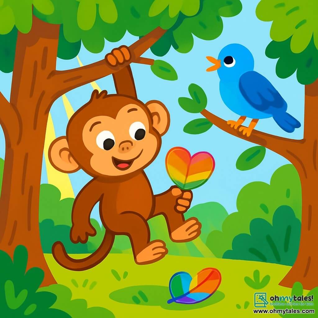 Mimi, a small monkey with shiny brown fur and sparkling eyes, is hanging from a tree branch, her face radiating curiosity and excitement. She holds a heart-shaped leaf in her tiny hands, shimmering with rainbow colors. Nearby, a bright blue bird with vibrant plumage joyfully sings on another branch, watching Mimi with a friendly gaze. The setting is a lush forest, with majestic trees and bright green leaves, while rays of sunlight filter through the foliage, creating bright patterns on the ground. In this scene, Mimi discovers the magical leaf that has just fallen, fascinated by its beauty and full of wonder.