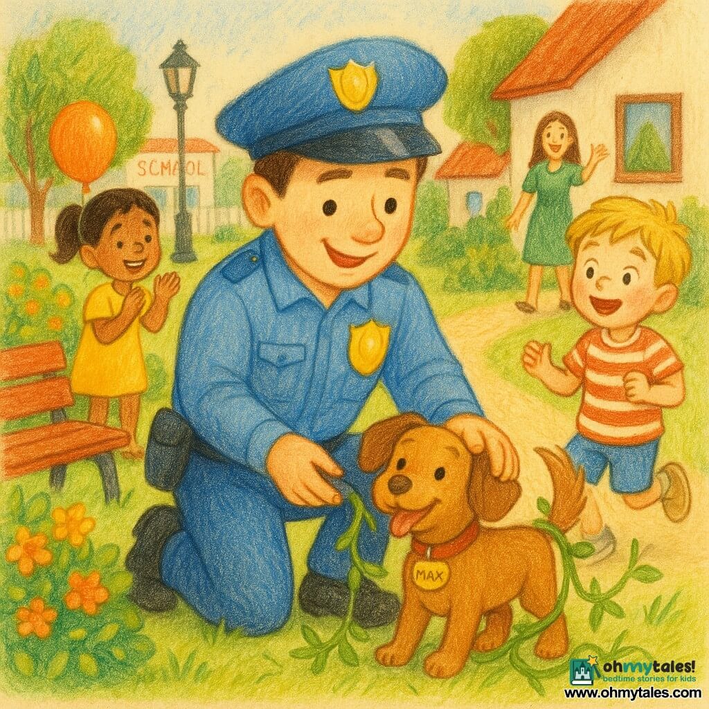 A friendly, smiling police officer with short brown hair, fair skin and a neat blue uniform kneels to gently free a small light-brown dog named Max from green vines while a blond seven-year-old boy in a red-and-white striped shirt jumps with wonder at his right and a tanned six-year-old girl with a black ponytail in a yellow dress claps holding a balloon at his left; the relieved owner, a 35-year-old woman with long chestnut hair in a green dress, calls the dog near a small white house in a sunny park with mown grass, flowering bushes, a beige gravel path, a red wooden bench, a vintage lamppost and a school with a white fence in the background, rendered in warm, bright colors with soft features and colored-pencil texture.