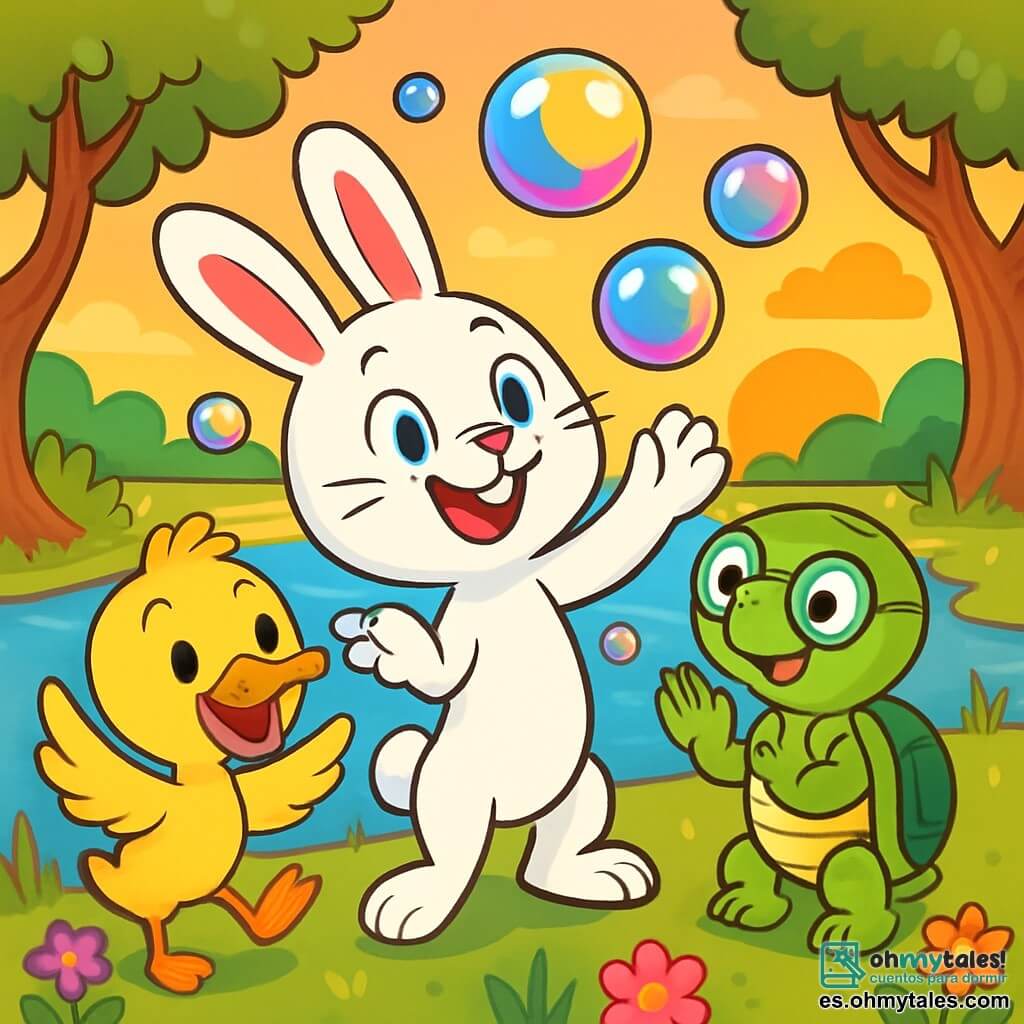 Rufus, un pequeño conejo de grandes orejas y pelaje blanco brillante, está en el centro de la imagen, con una sonrisa traviesa y ojos chispeantes de emoción. Está haciendo malabares con burbujas de jabón multicolores que flotan a su alrededor, creando un ambiente alegre y lúdico. A su derecha, Tula, una tortuga con un caparazón verde brillante y gafas redondas, mira a Rufus con asombro y risa, levantando sus patas delanteras como si aplaudiera. A la izquierda, Pipo, un pato de plumas amarillas brillantes, se agita tratando de atrapar las burbujas con su pico, mostrando una expresión alegre y entusiasta. El decorado es un lago encantado, rodeado de flores coloridas que bailan al ritmo del viento, con nenúfares flotantes y árboles de troncos torcidos, todo bañado en la luz dorada del sol poniente. La escena principal muestra a Rufus, Tula y Pipo en plena fiesta, rodeados de burbujas de jabón brillantes, celebrando su amistad y la magia del momento.