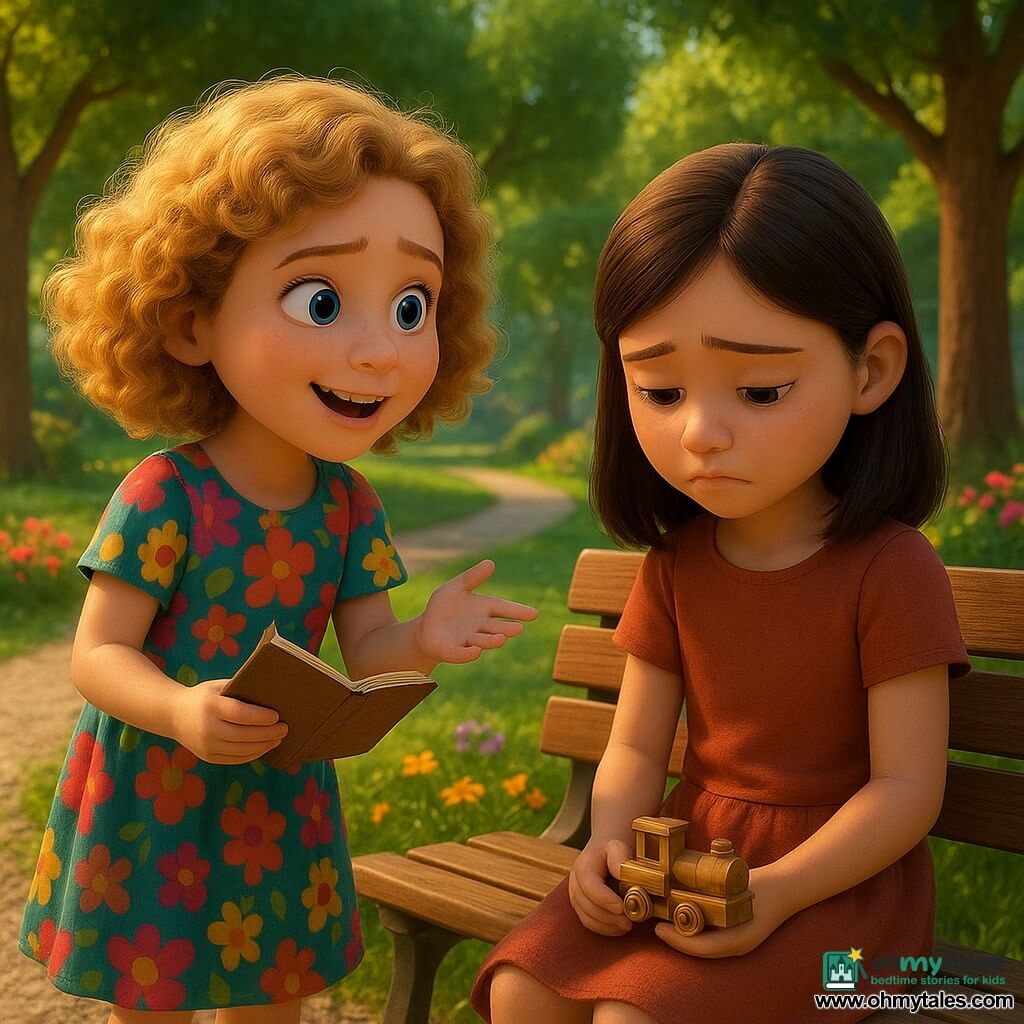 A 10-year-old girl named Lily, with curly golden hair and sparkling curious eyes, stands in the center of the image. She wears a colorful dress with floral patterns, and her face expresses joyful determination as she holds a small notebook in her hands. Next to her, another girl, Emily, aged 9, has smooth brown hair and a sad look. She is sitting on a bench with slumped shoulders, holding a small wooden train, with a regretful expression on her face. The setting is a sunny park with lush trees, vibrant flowers, and a gravel path winding through the landscape. In the background, there is a small colorful toy shop with a sign reading "Mr. Jenkins' Toy Store." The main situation shows Lily, with a determined look, questioning Emily about the wooden train she took, while Emily, visibly embarrassed, looks down, surrounded by the peaceful atmosphere of the park.