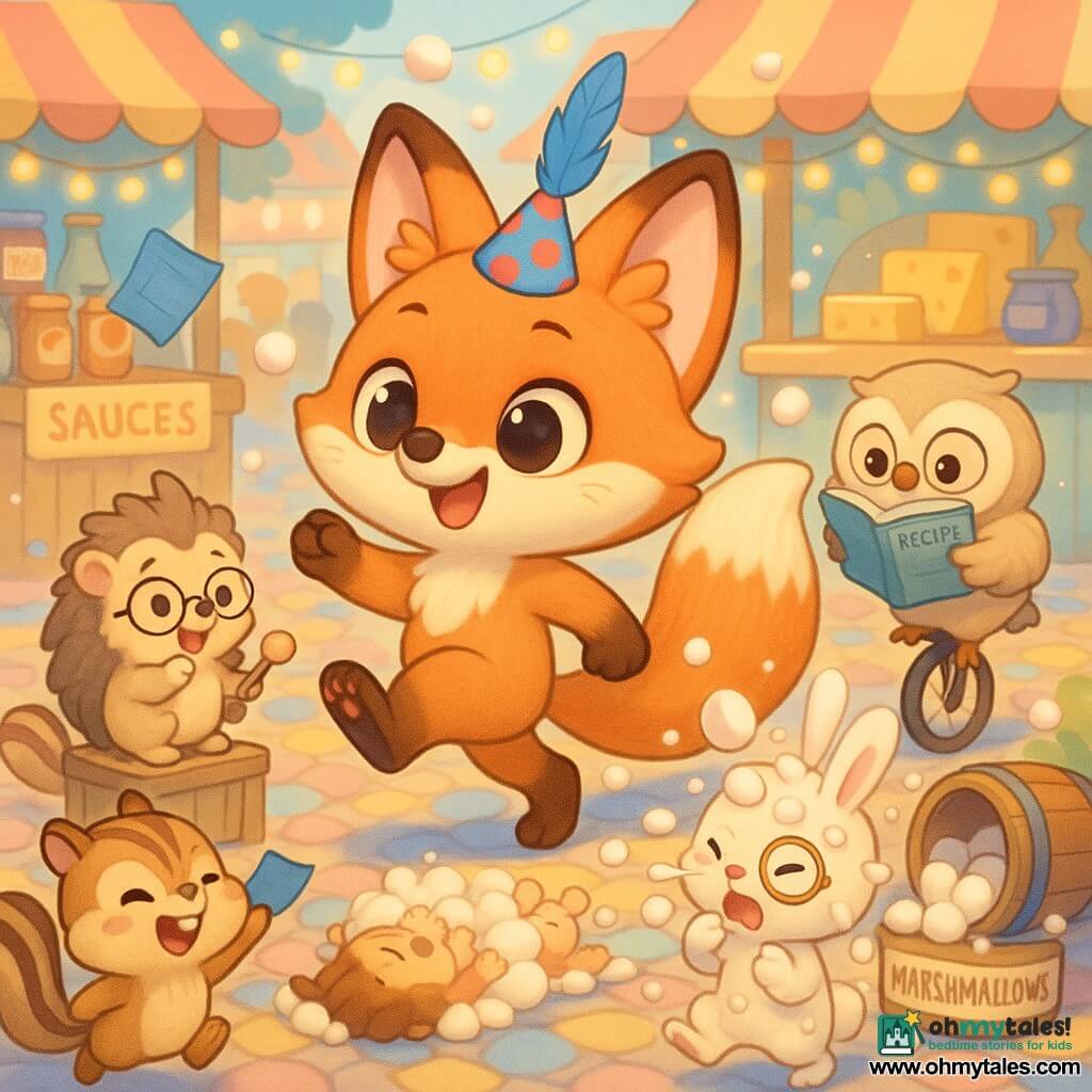A chibi fox with bright orange fur, a very bushy tail, pointed nose and a joyful, mischievous expression wearing a feathered party hat that sings, taking an exaggerated giant step with one paw raised and tail held like a banner; a small hedgehog judge with soft rounded spines and round glasses, delighted and admiring, perched on a wooden crate holding a small handmade bell; a white rabbit with a monocle, covered in sticky marshmallow, surprised and sneezing in front of an overturned barrel of marshmallows; an owl on a unicycle with cream feathers, focused but amused, reading a recipe book upside down and rolling behind the fox; a cheeky chipmunk with a striped tail grinning and tossing a blue flyer to the fox’s left; all in a colorful cobbled market square with pastel-painted wooden stalls, string lights, singing sauces and cheeses, bouncing blueberry tubs and barrels labeled marshmallows in a surreal, graphic setting; the main scene shows a parade of giant steps led by the chibi fox as marshmallows rain down softly on laughing, rolling townsfolk, playful mood, bright colors and rounded shapes, composition centered on the fox in action.