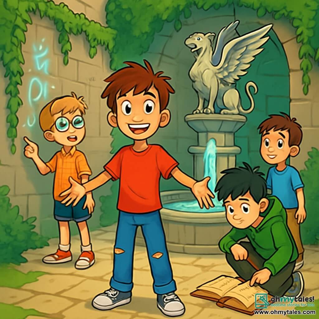 There are four children: - Liam: A 12-year-old boy with messy brown hair and sparkling curious eyes. He wears a red t-shirt and ripped jeans, standing in the center with his arms outstretched and an enthusiastic smile. - Oliver: An 11-year-old boy with blonde hair and round glasses. He is dressed in a checkered shirt and blue shorts, standing slightly back to the left, pointing at a mysterious inscription on the wall. - Max: A 12-year-old boy with black hair and freckles. He wears a green hoodie and worn sneakers, crouching to the right, examining an old book open on the ground. - Ethan: An 11-year-old boy with brown hair and bright eyes. He is dressed in a light blue t-shirt and beige pants, standing behind Liam, watching the group with a look of wonder. The main setting is a secret courtyard surrounded by tall stone walls covered in vibrant green ivy. In the center, an ancient stone fountain adorned with a majestic griffin spills sparkling water into a mosaic pool. Soft light emanates from glowing runes engraved on the walls, creating a magical and mysterious atmosphere. The main situation shows the four friends discovering this enchanting place, their faces lit up with curiosity and excitement as they prepare to enter a grand hall filled with fantastic creatures, ready for an incredible adventure.