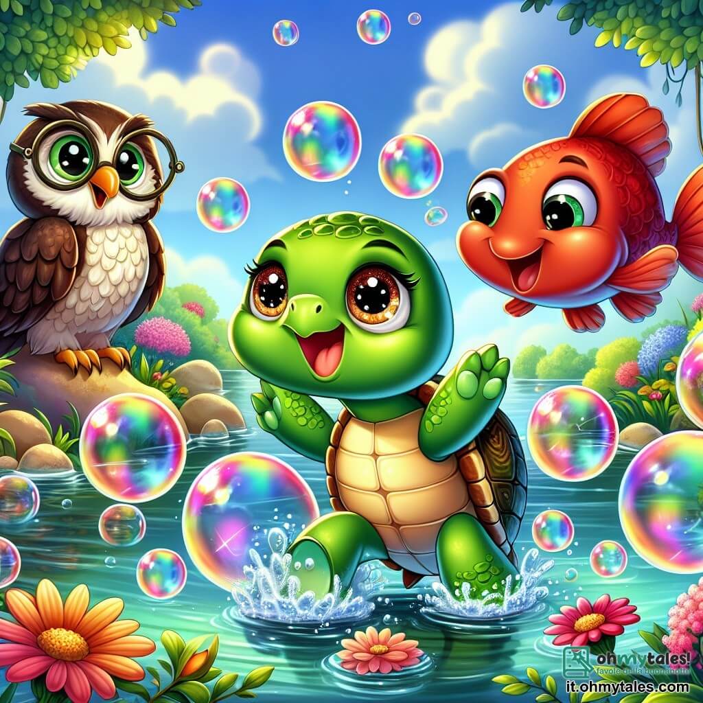 Al centro dell'immagine, una piccola tartaruga verde di nome Tina, con un guscio lucido e occhi scintillanti di curiosità, sorride gioiosamente creando bolle di sapone colorate. A destra, un pesce rosso di nome Pino, con squame scintillanti, salta fuori dall'acqua ridendo con bolle intorno a lui. A sinistra di Tina, una rana verde di nome Lella, con grandi occhi rotondi, salta felicemente, pronta a unirsi alla festa. Sullo sfondo, un saggio gufo di nome Gino osserva la scena da un ramo, pronto a raccontare storie. Il luogo è uno stagno tranquillo circondato da fiori colorati e grandi alberi, sotto un cielo blu, creando un'atmosfera festosa. La scena principale mostra Tina e i suoi amici che celebrano insieme il Festival delle Bolle, un momento di gioia e condivisione, che illustra la bellezza della diversità e dell'amicizia.