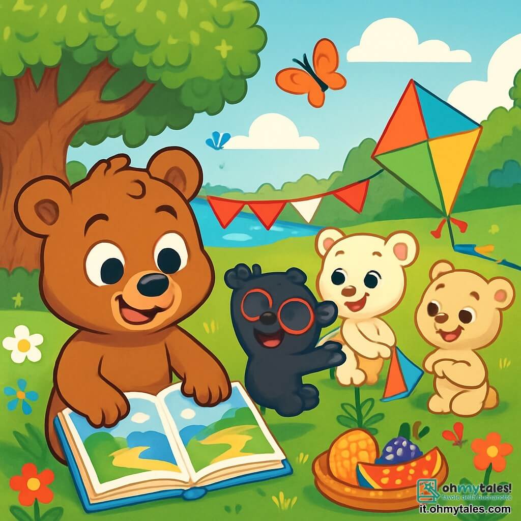 Un giovane orso bruno di nome Tobia, con occhi brillanti di curiosità e un ampio sorriso, è in piedi su un prato verde, circondato da fiori colorati. Tiene un grande libro illustrato aperto davanti a sé, con le zampe sulle pagine, mentre osserva con meraviglia le immagini di paesaggi estivi. Accanto a lui, il suo migliore amico, un piccolo orso nero di nome Leo, con occhiali tondi e pelo lucido, salta di gioia con le braccia alzate, mostrando un sorriso radioso. Più in là, due altri orsetti, un'orsa bianca di nome Giulia e un orsetto maculato di nome Lino, ridono insieme mentre preparano aquiloni colorati, i loro volti illuminati dall'eccitazione. Lo scenario è un incantevole giardino soleggiato, con una grande quercia dal fogliame denso, farfalle che svolazzano e un cielo blu punteggiato di nuvole bianche. In fondo, un piccolo lago scintilla sotto i raggi del sole, aggiungendo un tocco di magia alla scena. La situazione principale mostra Tobia e i suoi amici intenti a pianificare una festa estiva, circondati da frutta fresca e decorazioni colorate, pronti a vivere un'avventura indimenticabile piena di risate e scoperte.