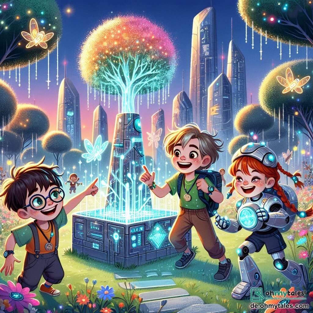 In einem futuristischen Park sind drei Kinder versammelt: Max, ein 10-jähriger Junge mit zerzausten braunen Haaren und runden Brillen, lächelt fröhlich, während er ein kleines holographisches Gerät hält. Neben ihm zeigt Leo, ein weiterer 10-jähriger Junge mit blonden Haaren und funkelnden Augen, auf einen Baum mit leuchtenden Blättern. Schließlich lacht Sam, ein 10-jähriges Mädchen mit roten Haaren und Zöpfen, während sie eine glänzende Medaille um ihren Hals hält. Sie stehen in der Nähe einer großen, schimmernden Metallstruktur, umgeben von bunten Blumen, die im sanften Wind zu tanzen scheinen. Der Park ist voller lebendiger Farben, mit silbernen Baumstämmen und strahlenden Blumen. Kleine fliegende Roboter, die Schmetterlingen ähneln, schweben um sie herum und verteilen Snacks an die fröhlich spielenden Kinder. Im Hintergrund funkeln futuristische Wolkenkratzer im Sonnenuntergang und schaffen eine magische Atmosphäre. Die Hauptsituation zeigt die Kinder, die ein Rätsel lösen: Sie suchen nach verlorenen Energiezellen, um den Robotern im Park zu helfen, während sie Spaß haben und über die Umwelt lernen. Die Gesichter der Kinder sind voller Aufregung und Entschlossenheit, während sie diese wunderbare Welt erkunden.