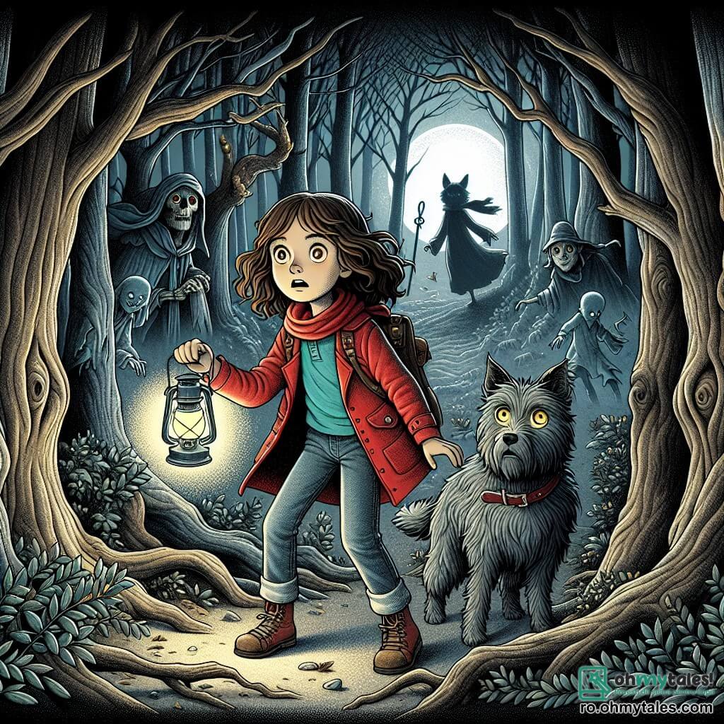 O fată de 10 ani, pe nume Ana, stă în centrul imaginii, cu părul castaniu ondulat și ochi strălucitori de curiozitate. Ea poartă o jachetă roșie aprinsă și o pereche de blugi, iar fața ei exprimă atât frică, cât și emoție în timp ce scrutează întunericul pădurii. Lângă ea, un vârcolac prietenos, cu blană gri și ochi strălucitori, stă protector, privind în jur cu o expresie serioasă. În fundal, siluete translucide de spirite dansează între copaci, adăugând o notă de mister scenei. Locul este o pădure întunecată și densă, cu copaci cu trunchiuri noduroase și frunze întunecate care lasă să pătrundă raze de lună argintie. Umbrele dansează pe sol, creând o atmosferă atât magică, cât și neliniștitoare. Ana, ținând o lanternă care îi luminează calea, se pregătește să intre într-o poiană unde un blestem vechi amenință satul. Ea trebuie să-și adune curajul pentru a înfrunta umbra care se conturează în fața ei, în timp ce vârcolacul o încurajează să înainteze.