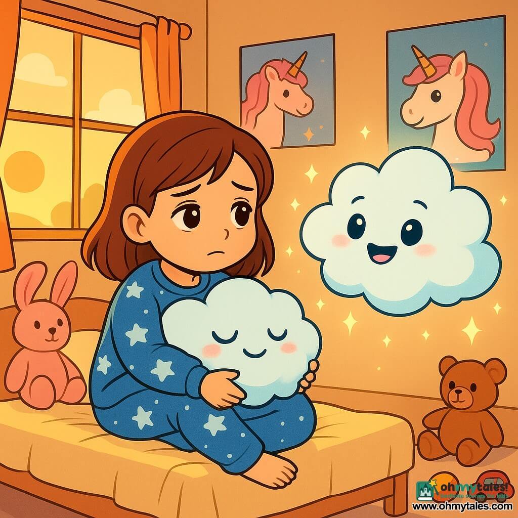 A little girl with chestnut hair, wearing a blue star-patterned pajama, is sitting on her bed with a sad yet dreamy expression. She holds a soft, fluffy cloud-shaped blanket that wraps around her like a comforting hug. Beside her, a smiling cloud named Fluff floats joyfully, with sparkling eyes and a friendly expression, ready to take her to a magical world. In the corner of the room, a window lets in golden sunlight, illuminating colorful toys scattered on the floor. The room is decorated with unicorn posters and stuffed animals, creating a warm and inviting atmosphere. The main scene shows the little girl and her cloud preparing for an adventure, with twinkling stars beginning to appear around them, symbolizing the magic about to envelop them.