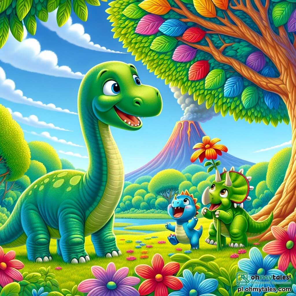 Dino, diplodocus z długą szyją i radosnym uśmiechem, stoi w centrum sceny, otoczony jasnymi zielonymi liśćmi. Jego łuski są w delikatnym zielonym odcieniu, a długa szyja wznosi się ku niebu, gdy z zachwytem spogląda na duże drzewo pełne kolorowych liści. Po jego prawej stronie stoi Stego, dinozaur o zielonej skórze i romboidalnych płytkach na grzbiecie, wskazujący na piękny kwiat rosnący w pobliżu wody. Po lewej stronie skacze radośnie Trixi, mały triceratops z trzema ostrymi rogami i różową skórą, z błyszczącymi oczami pełnymi ekscytacji. Tło to rozległa zielona łąka, usiana kolorowymi kwiatami, z dymiącym wulkanem w tle, wydobywającym delikatną mgłę. Scena ukazuje Dine i jego przyjaciół bawiących się razem, odkrywających nowe otoczenie, pełne radości i przygód.