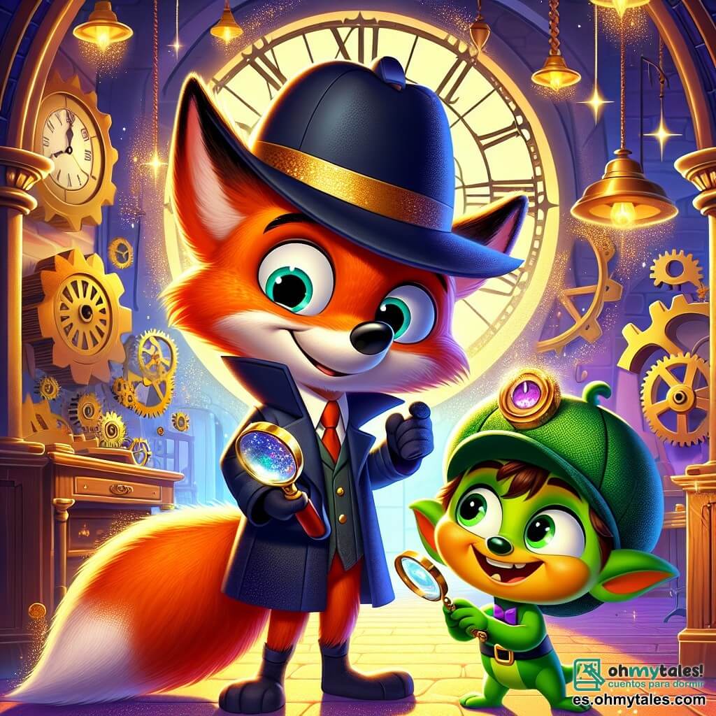 Un zorro detective, llamado Félix, con un pelaje naranja brillante y un gran sombrero negro, observa con curiosidad y determinación. Sus ojos brillan de emoción mientras sostiene una lupa reluciente en su pata. A su lado, un pequeño duende con un sombrero demasiado grande, piel verde y ojos chispeantes, sonríe traviesamente, mostrando que está listo para ayudar. La escena se desarrolla en una torre de reloj adornada con engranajes dorados y luces centelleantes, donde los engranajes giran suavemente de fondo. La habitación está llena de magia, con chispas en el aire y sombras danzantes. Félix y el duende están frente a un gran reloj de madera, que está detenido, creando una atmósfera de misterio. La situación principal muestra a Félix y el duende explorando la torre, buscando pistas para resolver el misterio del tiempo detenido, rodeados de un ambiente encantado e intrigante.
