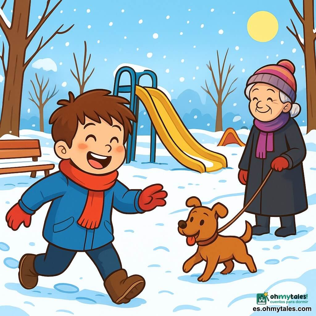 Un niño de 10 años, Tomás, con cabello castaño despeinado y mejillas sonrojadas por el frío, sonríe alegremente mientras juega en un parque nevado. Lleva un gran abrigo azul, una bufanda roja y guantes, dejando huellas en la nieve brillante. Cerca, una anciana con cabello gris recogido, vestida con un largo abrigo negro y un gorro colorido, pasea a un pequeño perro de pelaje marrón que mueve la cola con entusiasmo. El parque es amplio, rodeado de árboles sin hojas, con bancos cubiertos de nieve y toboganes brillantes bajo el sol invernal. La escena muestra a Tomás riendo y preparándose para deslizarse por un tobogán nevado, mientras el perro se acerca con curiosidad, creando una atmósfera alegre y tranquila de un día de invierno.