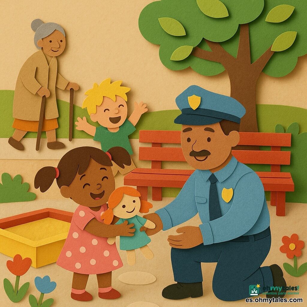 Un policía sonriente y amable, de rostro redondo y bigote fino, se arrodilla para entregar suavemente una muñeca de trapo a una niña de 4 años con coletas y vestido rosa de lunares, sonriente y abrazando la muñeca; a la izquierda un niño de 6 años rubio aplaude saltando; al fondo una abuela de unos 70 años con moño y bastón camina por la acera; parque con banco de madera rojo, árbol de hojas verdes, arenero amarillo, flores estilizadas rojas y azules y suelo de piedra clara; escena centrada y clara, colores vivos, formas simples y redondeadas, contornos tipo papel rasgado y luz cálida y suave.