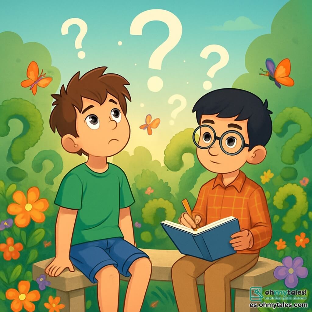 Hay 2 personajes principales: Elías, un niño de 12 años con cabello castaño desordenado y ojos brillantes de curiosidad, que lleva una camiseta verde y un pantalón corto de mezclilla, y Mateo, un niño de 12 años con cabello negro y gafas redondas, que viste una camisa de cuadros rojos y un pantalón beige. El lugar de la escena es un jardín mágico lleno de flores coloridas y arbustos en forma de signos de interrogación. Mariposas de alas brillantes vuelan a su alrededor, y en el centro, un viejo banco de piedra está rodeado de luz suave, creando una atmósfera pacífica y soñadora. La situación principal muestra a Elías y Mateo sentados en el banco, contemplando un jardín donde las preguntas flotan en el aire como burbujas de jabón. Elías mira al cielo mientras Mateo escribe en su cuaderno, ambos reflexionando sobre el significado de la vida, rodeados de la belleza y los misterios de la naturaleza.
