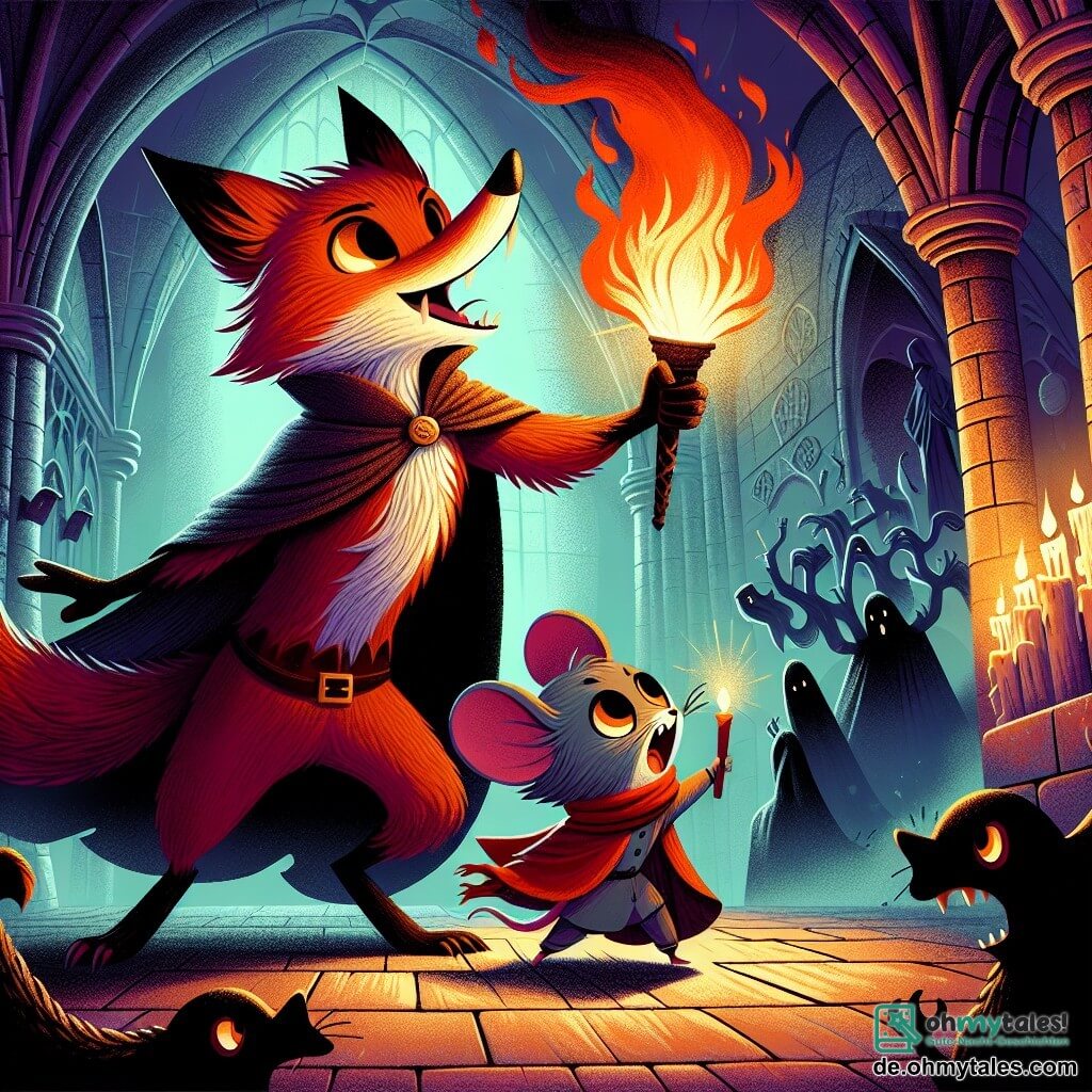 Ein roter Fuchs, Felix, mit glänzendem Fell und schelmischen Augen, steht mutig im Zentrum einer dunklen Kathedrale, sein Gesicht strahlt Entschlossenheit aus. Er hält eine lebendige Flamme einer Fackel in einer Pfote, die seine Umgebung erhellt. An seiner Seite singt eine kleine graue Maus namens Mia, mit großen ausdrucksvollen Augen und einem kleinen roten Schal, leidenschaftlich, ihr Gesicht strahlt Hoffnung aus. Der Ort ist eine alte Kathedrale mit hohen gewölbten Decken, von der Zeit abgenutzten Steinmauern und tanzenden Schatten, die durch das Licht der Fackel entstehen. Mysteriöse Statuen stehen in den Ecken und verleihen eine Atmosphäre von Magie und Geheimnis. Die Hauptsituation zeigt Felix und Mia, die sich einem riesigen dunklen Wolkenwesen, einem Schattenwesen, stellen, das sich windet und zischt, während sie ihre Kräfte vereinen, um die Dunkelheit mit dem Licht ihres Mutes zurückzudrängen.