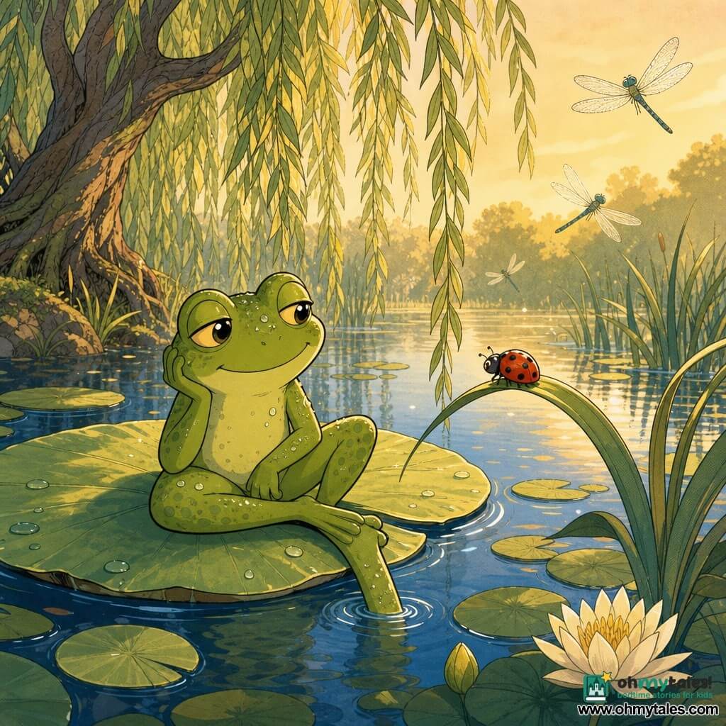 A small frog named Fern with bright moss-green skin and golden eyes sits relaxed and smiling on a large floating lily pad, one leg tucked and the other dipping into the blue-glass pond; Fern looks curious and serene with half-closed lids, a slight smile and a few droplets on her glossy skin. A tiny bright-red ladybug with black spots perches on a nearby blade of grass facing Fern. In the background, a weeping willow’s long green branches touch the water and its knotted trunk is visible on the left bank; dark green round lily leaves, thin reeds and translucent dragonflies sparkle in the late-afternoon golden light as Fern learns patience watching the ladybug, creating a peaceful inviting atmosphere.