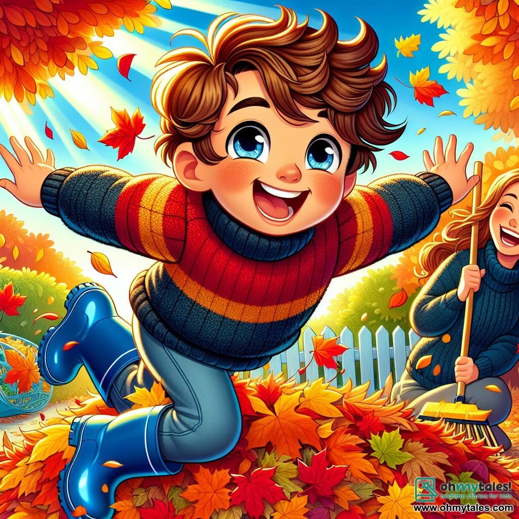 A 12-year-old boy with curly brown hair, smiling with sparkling eyes, is jumping into a large pile of autumn leaves in vibrant red, orange, and yellow colors. He is wearing a thick blue sweater and rubber boots, with cheeks flushed from excitement. Nearby, his mother, a woman around 35 with long brown hair, is laughing while holding a rake, surrounded by scattered leaves, ready to join her son in the fun. The setting is a lush garden with trees displaying fiery foliage, a clear blue sky, and sunlight filtering through the branches. The scene captures the joy of autumn, with the boy laughing and leaves swirling around him while his mother watches him affectionately.