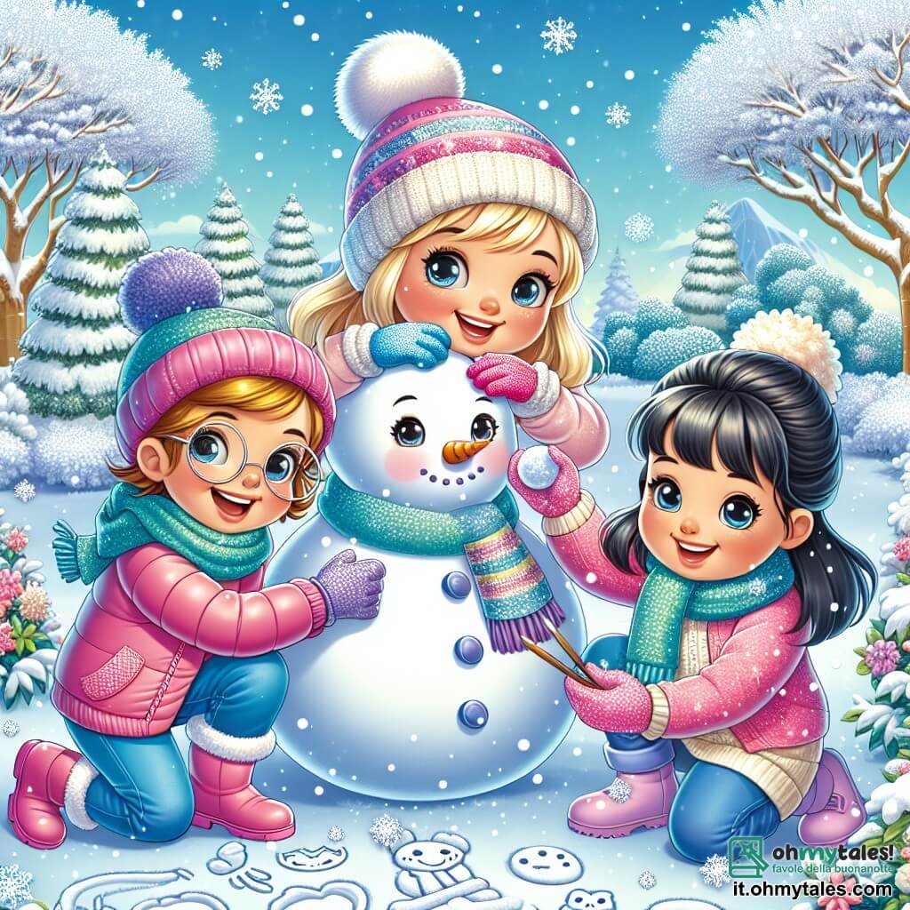 Tre amiche felici si trovano in un giardino innevato. Sofia, una ragazza di 8 anni con capelli biondi e occhi vivaci, indossa una giacca rosa e un berretto blu. È accucciata mentre forma una palla di neve. Accanto a lei, Giulia, una ragazza di 9 anni con capelli castani e occhiali rotondi, sorride mentre tiene un'altra palla di neve, pronta a lanciarla. Infine, Chiara, una ragazza di 8 anni con capelli neri, è seduta sulla sua sedia a rotelle, indossando una sciarpa colorata, mentre disegna forme nella neve con un bastone. Il giardino è un paesaggio incantevole, coperto da uno spesso strato di neve scintillante sotto il sole invernale. Gli alberi con i rami carichi di neve si ergono sullo sfondo, mentre fiocchi di neve cadono dolcemente dal cielo azzurro. Le tre amiche si divertono a creare un grande pupazzo di neve, circondate dai loro disegni colorati tracciati nella neve, che illustrano la magia dell'inverno e l'amicizia che le unisce.