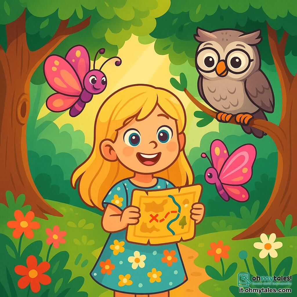 Una bambina di 6 anni, di nome Stella, con lunghi capelli biondi e occhi azzurri, si trova al centro dell'immagine, radiosa di curiosità e meraviglia. Indossa un vestito leggero a fiori e tiene in mano una mappa magica, il suo viso illuminato da un sorriso gioioso. Accanto a lei, una farfalla colorata di nome Flora, con ali scintillanti nei toni del rosa e del viola, vola graziosamente attorno a Stella, aggiungendo un tocco di magia alla scena. Un vecchio gufo saggio, Orazio, con piume grigie e occhiali tondi, è posato su un ramo vicino, osservando le due amiche con uno sguardo benevolo. Il contesto è un magnifico bosco incantato, pieno di alberi con tronchi spessi e foglie verdi brillanti, mentre fiori colorati tappezzano il suolo. Un dolce raggio di sole filtra tra i rami, creando un'atmosfera calda e accogliente. La situazione principale mostra Stella, piena di entusiasmo, pronta a iniziare la sua avventura verso la Terra della Verità, circondata dai suoi amici, tutti impazienti di scoprire le meraviglie che li aspettano.