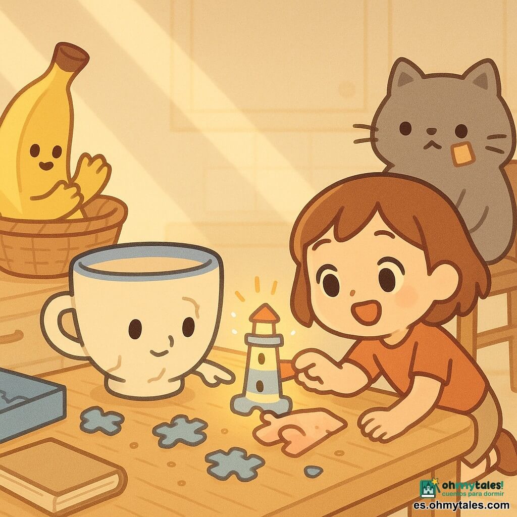 El personaje principal es una taza de porcelana color crema con liseré azul y una fina fisura en forma de sonrisa, mirada concentrada y amable, señalando delicadamente una pieza de puzzle azul sobre una mesa de madera clara; Alba, niña humana de unos 12 años, pelo castaño corto y expresión alegre y aliviada, está agachada junto a la mesa sosteniendo la pieza del faro lista para encajar; Don Plátano, una banana antropomórfica amarilla con una mancha marrón, divertido y orgulloso, aplaude desde una cesta de frutas a la izquierda; Nube, un gato gris y regordete con un trocito de cartón en el bigote, sentado en una silla detrás de Alba observa la escena; la cocina es cálida con rayos de sol oblicuos, migas, caja de puzzle abierta y piezas dispersas, un libro gordo al lado y un cajón entreabierto; momento del "clic" cuando la pieza del faro encaja, expresión de asombro y luz suave emanando del dibujo del faro, composición centrada, colores pastel vivos, contrastes suaves y líneas simples, ambiente de pequeño equipo de aventureros.