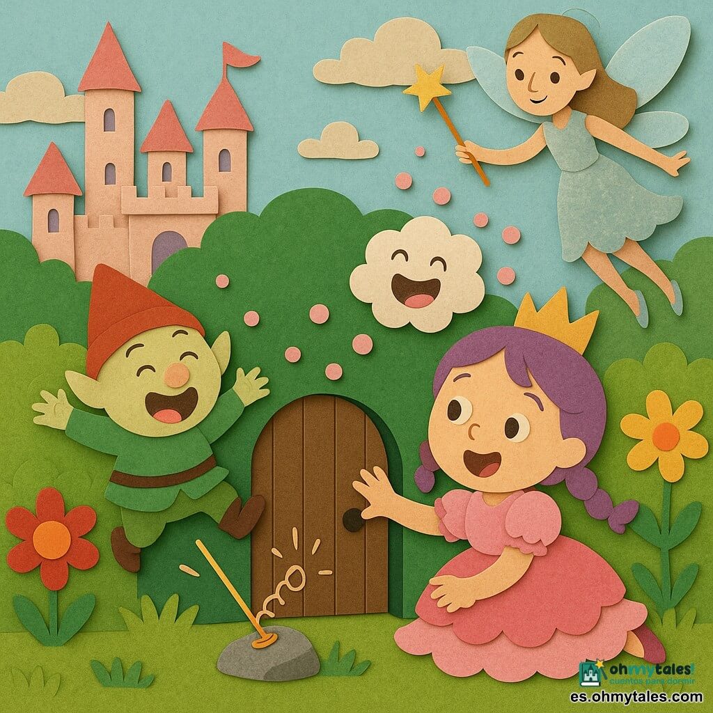 Princesa Lila (niña): rostro redondo, cabello violeta en dos trenzas, vestido rosa con volantes, expresión alegre y sorprendida, arrodillada ante una pequeña puerta de madera y extendiendo la mano para abrirla; duende gordito (niño): pequeño y rechoncho, piel verde clara, sombrero cónico rojo, ríe con ojos grandes y está a la izquierda saltando; hada (mujer): delgada, alas translúcidas azul claro, vestido plateado brillante, rostro dulce, flota a la derecha sobre la princesa sosteniendo una varita temblorosa; nube de risas: burbuja blanca y algodonosa con ojos y boca que sale de la puerta formando burbujas que estallan en pequeños pompones rosas; varita saltarina: fina varita dorada con resorte que hace "boing" y rebota en una piedra frente a la puerta; lugar: jardín del castillo colorido con césped verde, flores sobredimensionadas rojas y amarillas, pequeña puerta incrustada en un seto y al fondo un castillo pastel de torres redondeadas; situación: la princesa abre la diminuta puerta, sale una nube de risas en burbujas, el hada observa flotando y el duende ríe saltando mientras la varita rebota — escena luminosa, alegre y llena de movimiento.