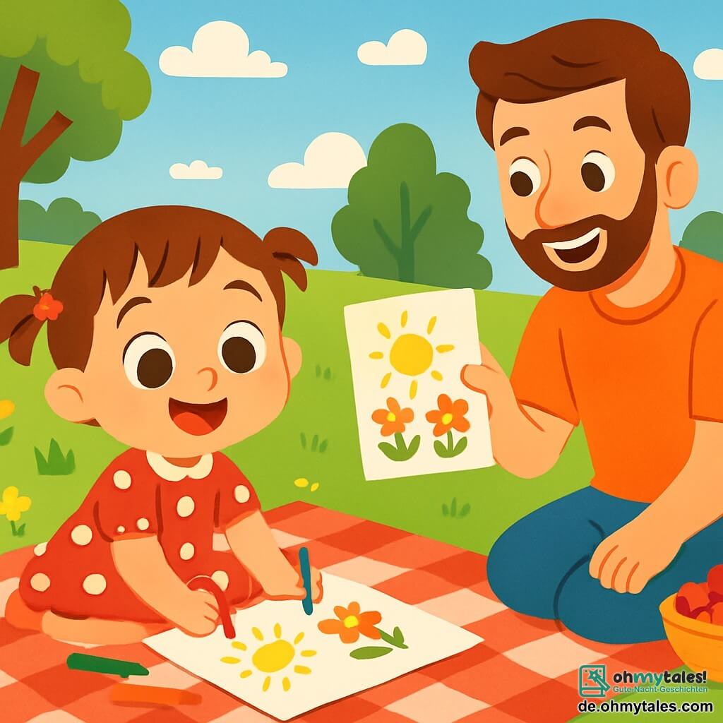 Ein kleines Mädchen von 2 Jahren, Lina, mit großen leuchtenden Augen und einem strahlenden Lächeln, trägt ein rotes Kleid mit weißen Punkten. Sie sitzt auf einer Picknickdecke, umgeben von bunten Spielzeugen, und malt mit Buntstiften. Neben ihr ermutigt ihr Papa, ein lächelnder Mann von etwa 30 Jahren mit braunen Haaren und einem leichten Bart, sie, indem er eine Zeichnung hält. Etwas weiter weg bereitet ihre Mama, eine sanfte Frau von etwa 28 Jahren mit langen blonden Haaren, ein Picknick mit Obst und Keksen vor. Der Ort ist ein schöner sonniger Park, voller bunter Blumen und grüner Bäume, mit einem klaren blauen Himmel und einigen weißen, bauschigen Wolken. Die Hauptsituation zeigt Lina, die glücklich Blumen und Sonnen malt, umgeben von ihrer Familie, und einen fröhlichen, sonnigen Sommertag genießt.