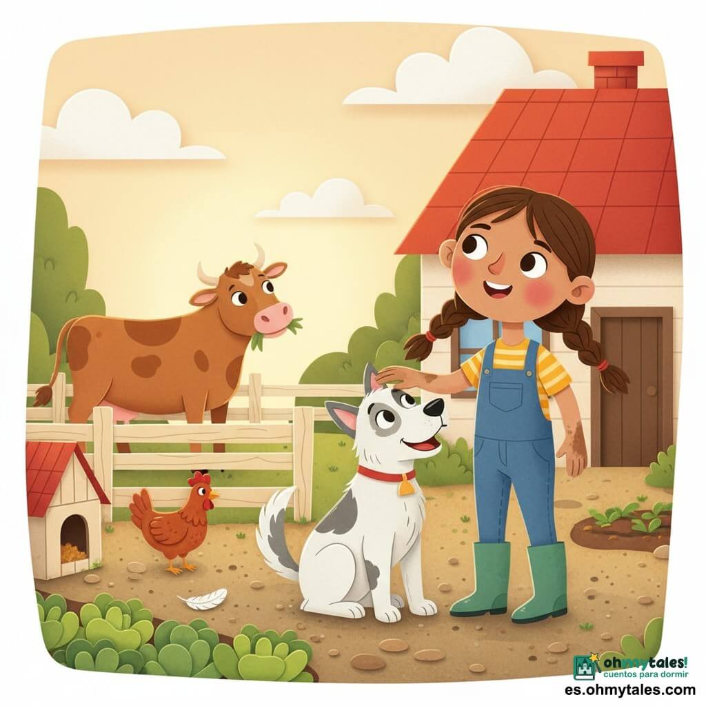 Lucía, una niña sonriente, serena y orgullosa, con trenzas castañas, mejillas sonrosadas, botas de goma verdes y manos un poco sucias, acaricia a su perro y mira el cielo; Nube, un perro macho blanco y gris, mueve la cola alegre junto a ella sentado sobre el gravilla del patio; Mora, una vaca marrón moteada, mastica hierba detrás del corral, grande y mansa, visible en segundo plano a la izquierda; una gallina rojiza picotea cerca de una pluma blanca en el suelo del gallinero; lugar: una granja luminosa por la mañana con colores cálidos, casa de techo rojo, cercas de madera claras, un huerto con lechugas verdes brillantes y un cielo con nubes suaves; situación: Lucía inspecciona la cochera con atención y calma, vigilando a los animales, escena simple y reconfortante con formas nítidas y contrastadas al estilo de papel recortado.
