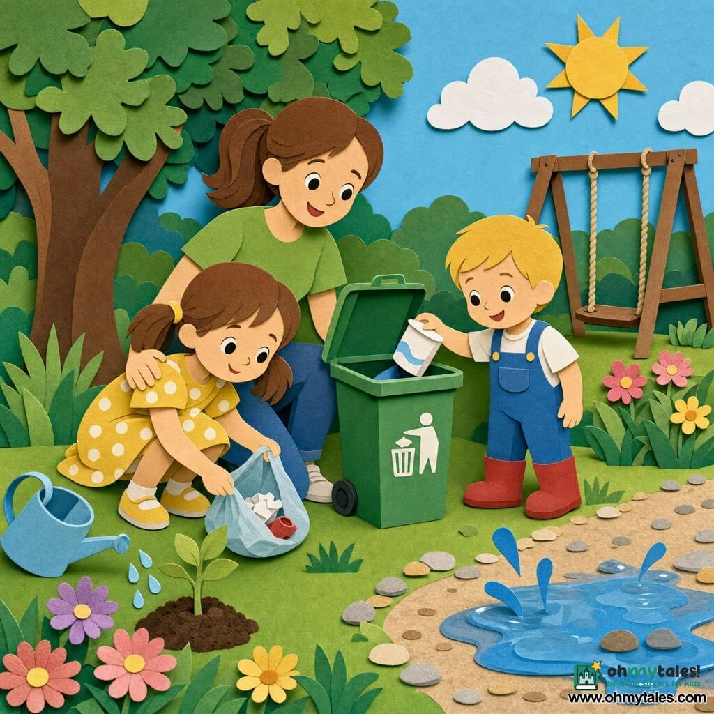 Three characters: Mia, a 5-year-old girl with brown pigtails in a yellow polka-dot dress on the left, crouching to put a small plastic bag into a green trash bin; Ben, a 4-year-old blond boy in blue overalls and red boots on the right, placing a paper cup into the bin and splashing near a small puddle; and their mother, about 30, with tied chestnut hair, a green T-shirt and jeans, standing behind them smiling with her hand on Mia’s shoulder. The scene is a bright park with textured green grass, a large oak on the left, a wooden swing in the background, a gravel path, colorful flowers, and a shiny puddle; the children are gently picking up and sorting litter, smiling in warm sunlight with clear shadows and glistening water drops as Mia slowly waters a small plant, creating a clean, joyful atmosphere.
