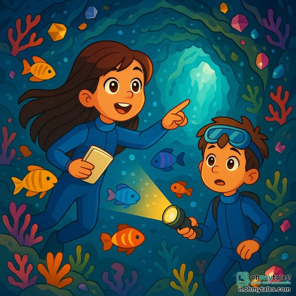 Una ragazza di 10 anni, Sofia, con lunghi capelli castani che fluttuano nell'acqua, indossa una muta blu. Il suo viso esprime meraviglia e curiosità, i suoi occhi brillanti riflettono la luce delle profondità marine. Tiene un piccolo taccuino in una mano e indica con un dito una magnifica grotta sottomarina. Accanto a lei, il suo amico Carlo, un ragazzo di 10 anni con capelli castani e occhiali da sub sulla fronte, guarda con un misto di eccitazione e apprensione. Tiene una torcia, illuminando il cammino davanti a loro. Lo scenario è una grotta sottomarina con pareti scintillanti, adornate di coralli multicolori e pietre preziose, con raggi di luce che filtrano attraverso l'acqua cristallina, creando un'atmosfera magica. La situazione principale mostra Sofia e Carlo che esplorano la grotta, circondati da pesci colorati e creature marine, mentre scoprono un mondo misterioso e incantevole.