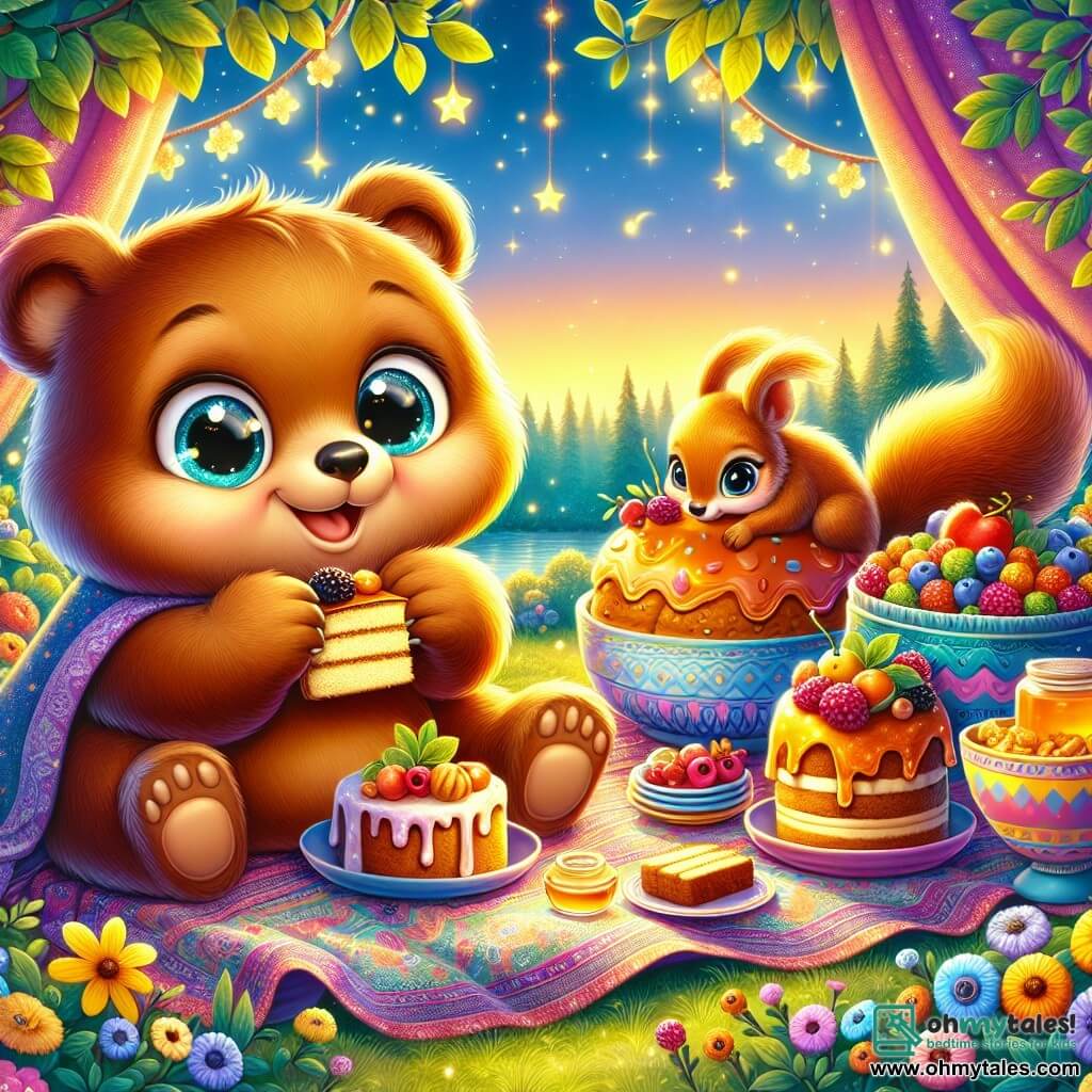 A small brown bear with soft fur and sparkling eyes is sitting on a colorful tablecloth, surrounded by dishes filled with treats like honey cakes and shiny berries. He smiles in wonder, holding a piece of cake in his little paws. Next to him, a small squirrel with bright eyes and reddish fur, wearing a surprised and happy expression, gazes longingly at the dishes. She is sitting on the grass, ready to join the feast. The setting is an enchanted forest, bathed in the golden light of dusk, with majestic trees and colorful flowers gently swaying in the breeze. Sparkling stars begin to appear in the pastel blue sky. The main scene shows the bear and the squirrel sharing a joyful meal, surrounded by magic, as a shimmering golden light floats around them, illuminating their happy faces and creating a warm, festive atmosphere.