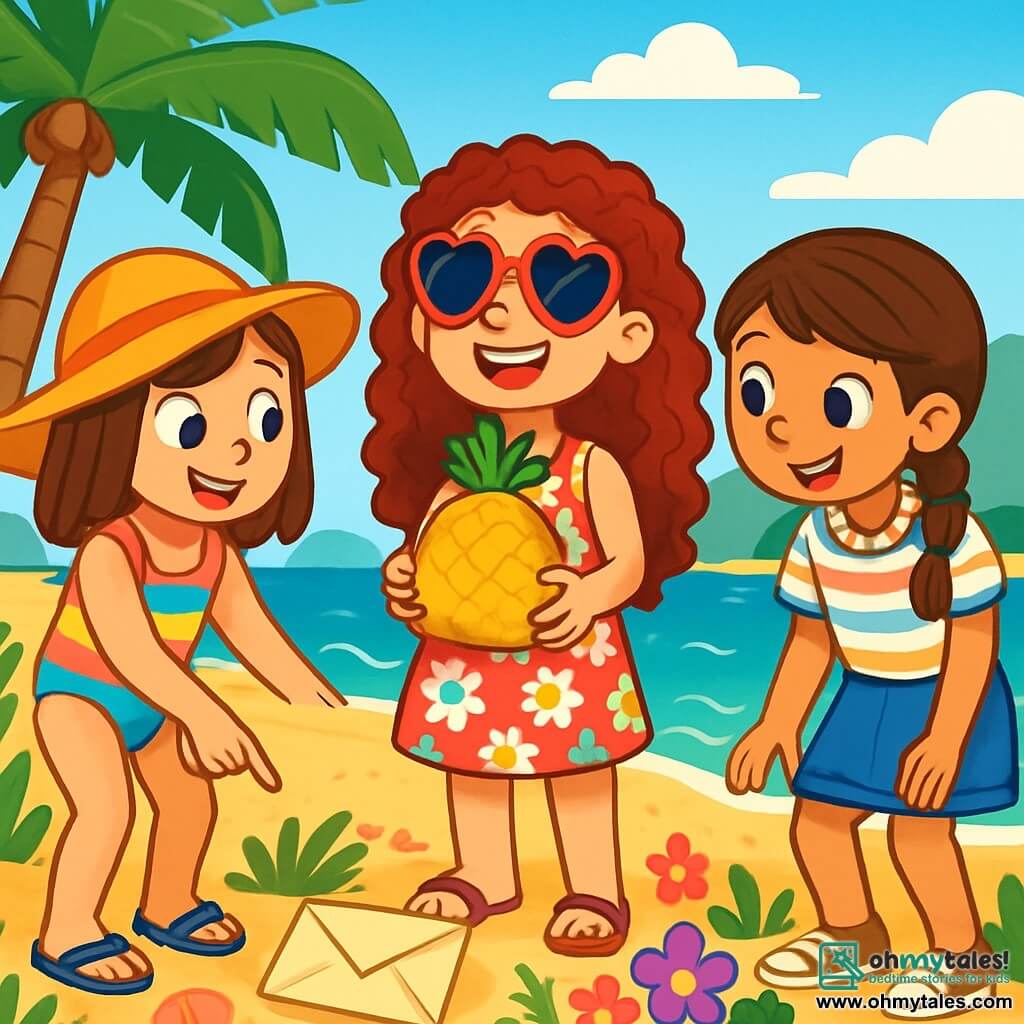 There are three characters: Ruby, a 9-year-old girl with long curly hair and heart-shaped sunglasses, wearing a floral dress and holding a pineapple-shaped cake, is in the center, smiling and excited. Mia, also 9, has straight hair and a wide sun hat, dressed in a colorful swimsuit and sandals, stands to the left of Ruby, pointing at a mysterious envelope under a palm tree. Zoey, a 9-year-old with braided brown hair and a shell necklace, wears a denim skirt and a striped t-shirt, and is to the right of Ruby, looking curiously at the envelope. The setting is on Mango Island beach, featuring golden sand dunes, swaying palm trees, and turquoise waves lapping at the shore, with green mountains and a bright blue sky dotted with white clouds in the background. The main scene shows Ruby, Mia, and Zoey discovering a mysterious envelope under a palm tree, surrounded by colorful flowers and sparkling seashells, as the girls are amazed and curious, eager to uncover the secret of this birthday surprise.