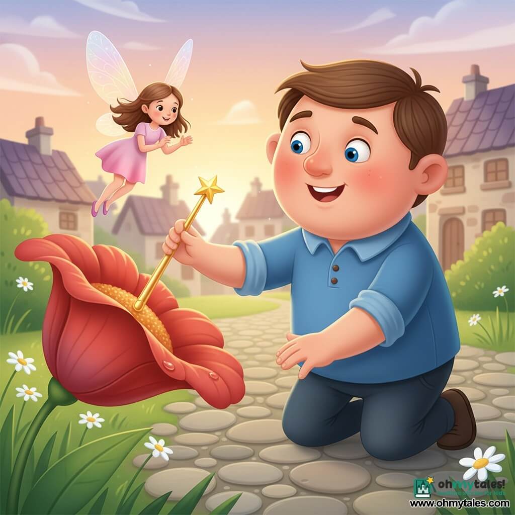 A man named Oliver, round smiling face, short brown hair and bright blue eyes, kneels and reaches for a thin polished golden wand with a sparkling star tip lying on a wet petal beneath a large red flower; a tiny doll-like fairy named Lily with iridescent translucent wings and a pale pink dress hovers just above the flower, hands clasped and face full of wonder; the colorful village garden has round cobbles, green grass, white daisies, a few stone houses with tiled roofs in the background and a pastel sunset sky, soft light illuminating their faces, creating a tender, magical atmosphere.