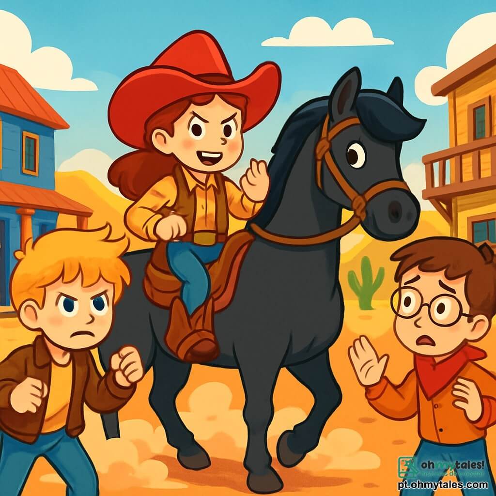 Valentina, uma corajosa cowgirl de cerca de 10 anos, usa um grande chapéu vermelho, uma camisa xadrez e botas de couro. Seu rosto expressa determinação e excitação, enquanto segura firmemente as rédeas de seu cavalo, Relâmpago, um lindo cavalo negro com crinas brilhantes. Jack, um garoto de 12 anos com cabelos loiros bagunçados e uma jaqueta de couro, está à esquerda, com os punhos cerrados, pronto para brigar. Tomás, um garoto de 11 anos com óculos e um bandana vermelho no pescoço, está à direita, parecendo preocupado, observando a cena. A cena ocorre na rua empoeirada da cidade de Sol Dourado, cercada por casas de madeira coloridas e cactos espalhados. Ao longe, colinas douradas se desenham sob um céu azul brilhante. Valentina intervém entre Jack e Tomás, levantando uma mão para acalmá-los, enquanto nuvens de poeira se levantam ao redor, criando uma atmosfera de tensão e aventura.