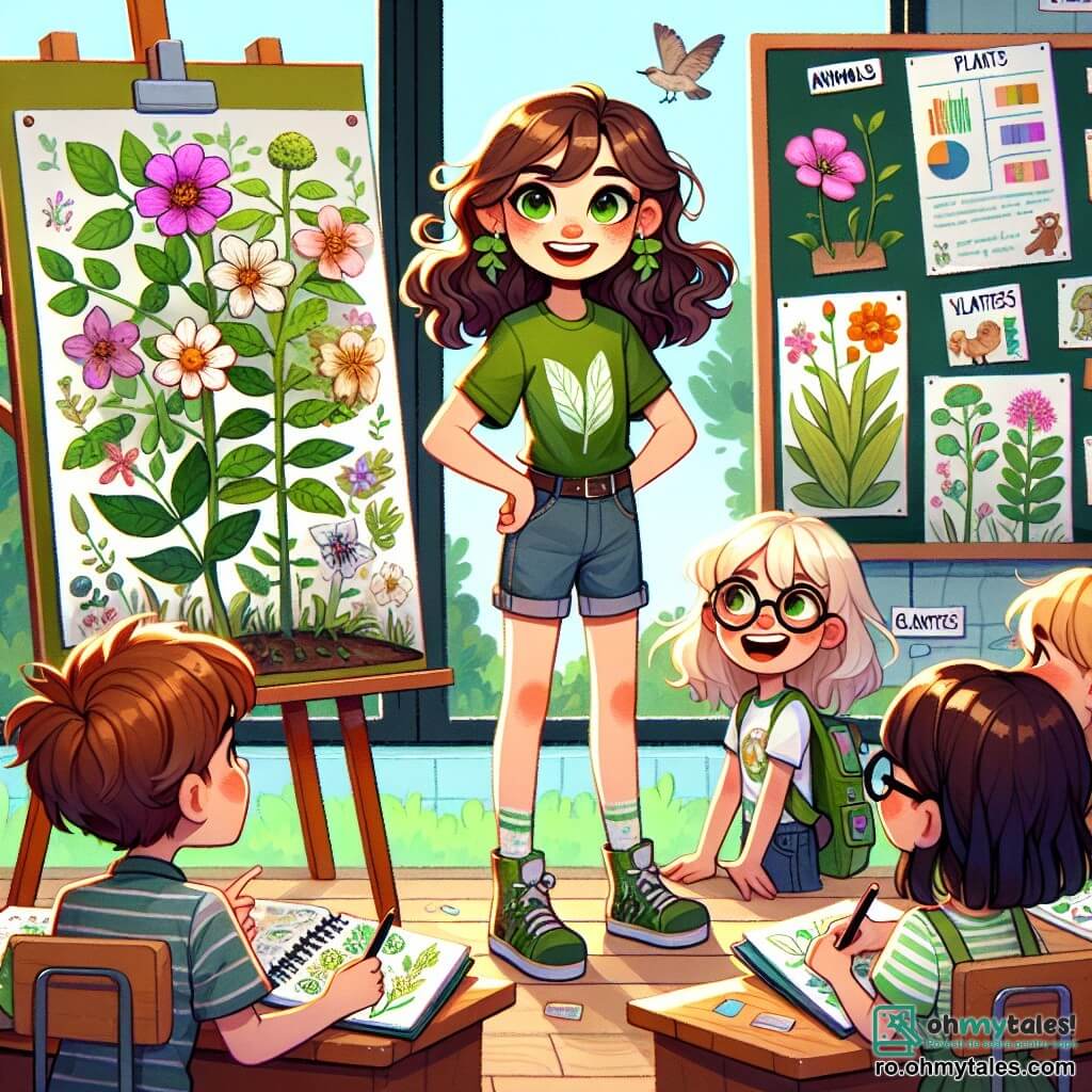 Andreea, o fată de 12 ani, stă mândră în centrul imaginii, cu părul ondulat și ochii strălucitori de determinare. Ea poartă un tricou verde cu un model de frunze și o pereche de pantaloni scurți din denim, ținând un carnet plin cu desene de plante. Fața ei exprimă bucurie și încredere, în timp ce își prezintă proiectul despre florile rare colegilor săi. La dreapta ei, Mihai, un băiat de 12 ani cu părul brun și ochelari, o încurajează cu un zâmbet larg, ținând o afiș colorată cu date științifice. La stânga ei, Elena, o fată de 11 ani cu părul blond și ochelari de soare pe cap, desenează cu entuziasm ilustrații de flori pe o foaie mare de hârtie, adăugând o notă artistică prezentării. Scena se desfășoară într-o sală de clasă luminoasă, cu feronerie deschisă care lasă să pătrundă lumina soarelui. Andreea, plină de pasiune, explică importanța protejării plantelor rare, în timp ce prietenii ei o ascultă cu atenție, creând o atmosferă de susținere și egalitate.