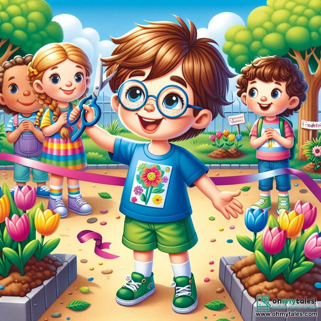 An 8-year-old boy, Charlie, with messy brown hair and round glasses, proudly smiles as he holds a pair of scissors, ready to cut a ribbon. He wears a blue t-shirt and green shorts, and his face radiates joy. Next to him, Emma, an 8-year-old girl with braided blonde hair, shows off her colorful flower drawings, her eyes sparkling with excitement. Leo, an 8-year-old boy with brown hair and a mischievous smile, is digging into the ground with a small shovel, eager to plant tulips. The scene takes place in the schoolyard, where a vibrant garden is taking shape with flowers of all colors, from tulips to daisies, planted in neatly arranged beds surrounded by small white pebbles. In the background, lush trees and a clear blue sky add freshness to the joyful atmosphere. The main focus is on Charlie, Emma, and Leo, surrounded by their classmates, celebrating the inauguration of their friendship garden, a place they created together.