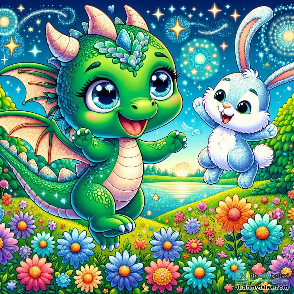 Fiammetta, un piccolo drago verde smeraldo con squame scintillanti e occhi blu brillanti, vola gioiosamente sopra un campo di fiori colorati, con un grande sorriso sul volto e le ali spiegate che brillano al sole. Accanto a lei, un coniglio di peluche, con orecchie lunghe e morbide e occhi rotondi e lucenti, salta con entusiasmo, mostrando la sua gratitudine. La scena si svolge in una foresta incantata, dove gli alberi danzano dolcemente al ritmo del vento, le loro foglie scintillanti come stelle, e fiori multicolori sbocciano ovunque, creando un quadro fiabesco. Fiammetta e il coniglio di peluche si divertono insieme, il drago aiuta il coniglio a saltare più in alto, mentre ridono ed esplorano il loro mondo magico, pieni di felicità e avventura.