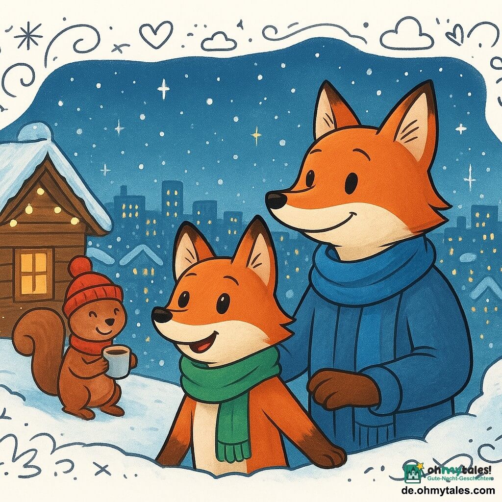 Ein kleiner Fuchs namens Fino, mit leuchtend rotem Fell und einem grünen Schal, schaut fasziniert auf die funkelnden Lichter der Winterstadt. Neben ihm steht sein Onkel Rolo, ein größerer Fuchs mit einem blauen Schal, der warm lächelt und eine Pfote auf Finos Schulter gelegt hat. Im Hintergrund hält ein junger Eichhörnchen mit einer roten Mütze und einem schüchternen Lächeln eine Tasse heiße Schokolade und steht neben einer mit Lichterketten geschmückten Holzhütte. Die Szene spielt sich auf einem schneebedeckten Dach ab, das einen Panoramablick auf eine erleuchtete Stadt bietet, in der sanft Schneeflocken vom Himmel fallen. Die Atmosphäre ist magisch, voller Freude und winterlicher Entdeckungen.